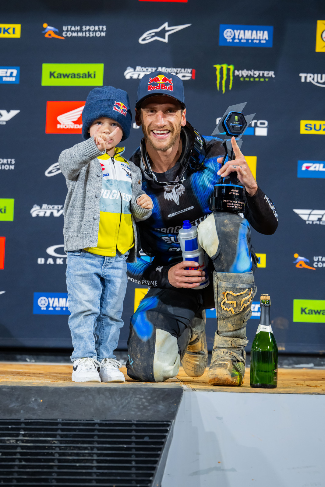 Ken with his son Griff on the podium in Birmingham.