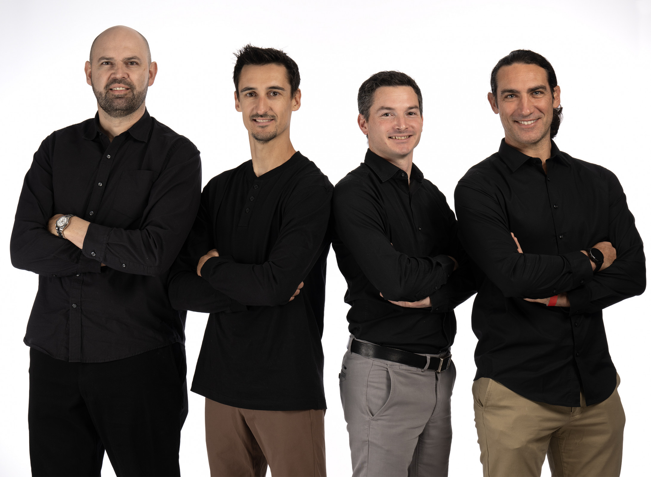 David Vuillemin (left), Marvin Musquin (center left), Maxime Martin (center right), Sébastien Tortelli (right) anchor the new French broadcast coming to the SuperMotocross Video Pass in 2025.