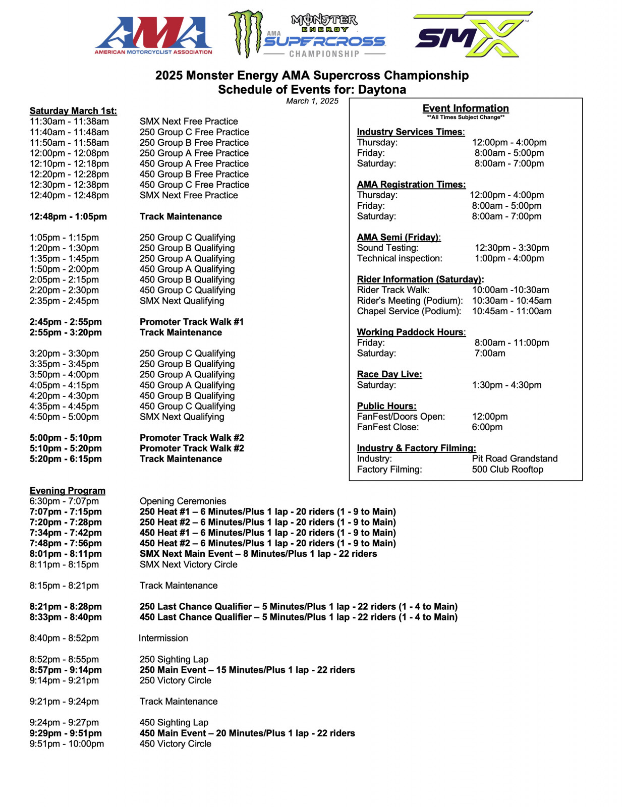 Daytona SX schedule.