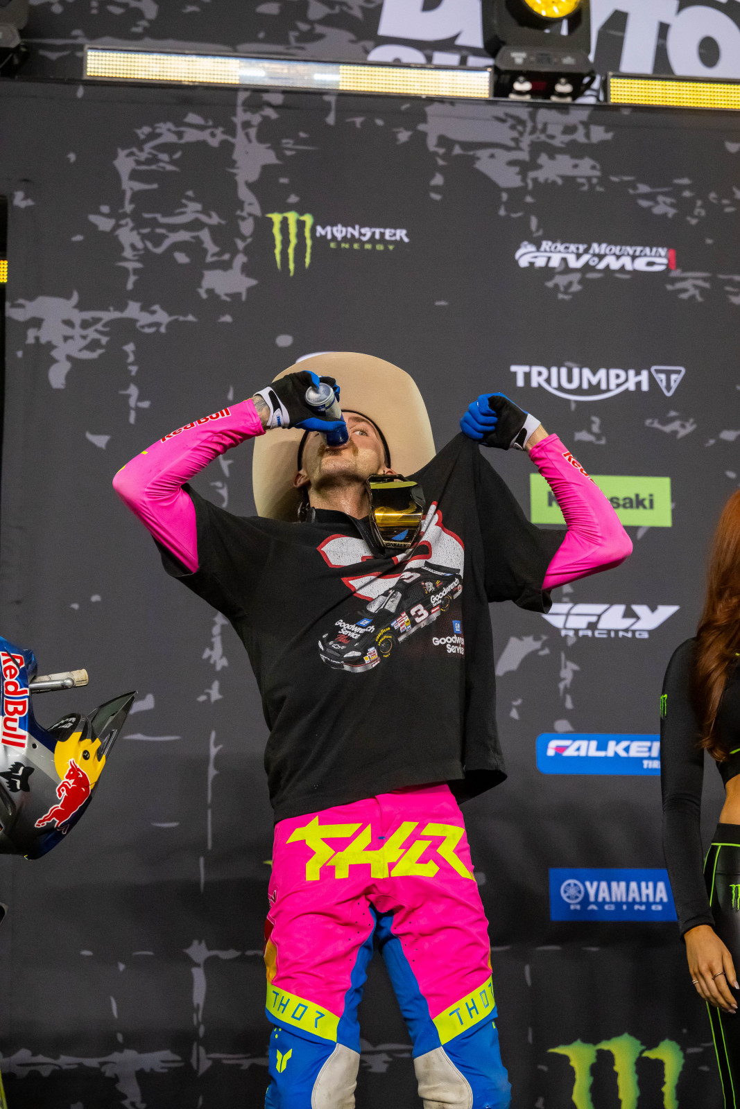 Aaron Plessinger with his Dale Earnhardt shirt on the podium.