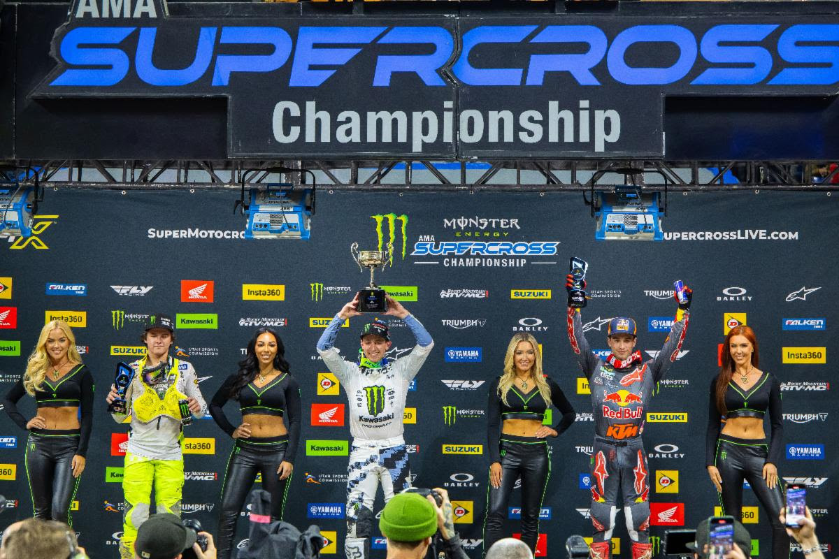 250SX Class podium (riders left to right) Haiden Deegan, Seth Hammaker, and Tom Vialle.