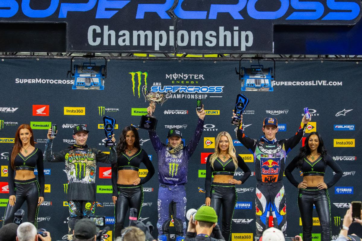 450SX Class podium (riders left to right) Justin Cooper, Cooper Webb, and Chase Sexton.