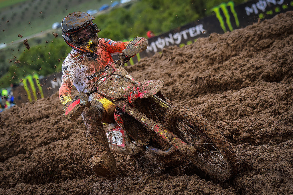 Gajser showing just how muddy it was.