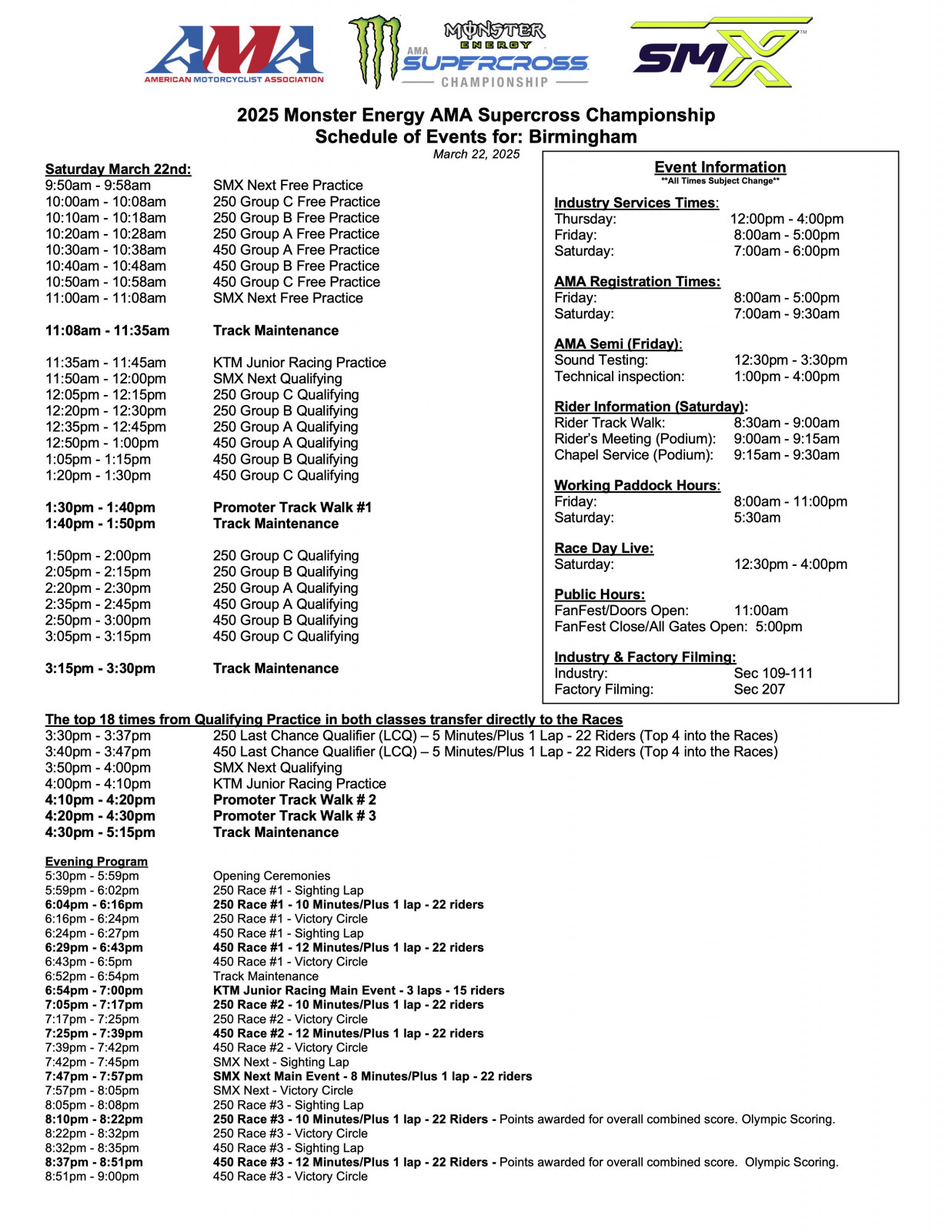 Birmingham SX schedule.