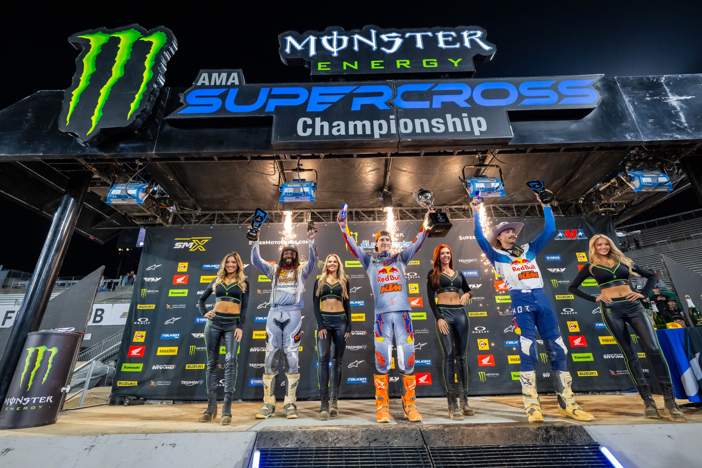 450SX Class podium (riders left to right) Malcolm Stewart, Chase Sexton, and Aaron Plessinger.