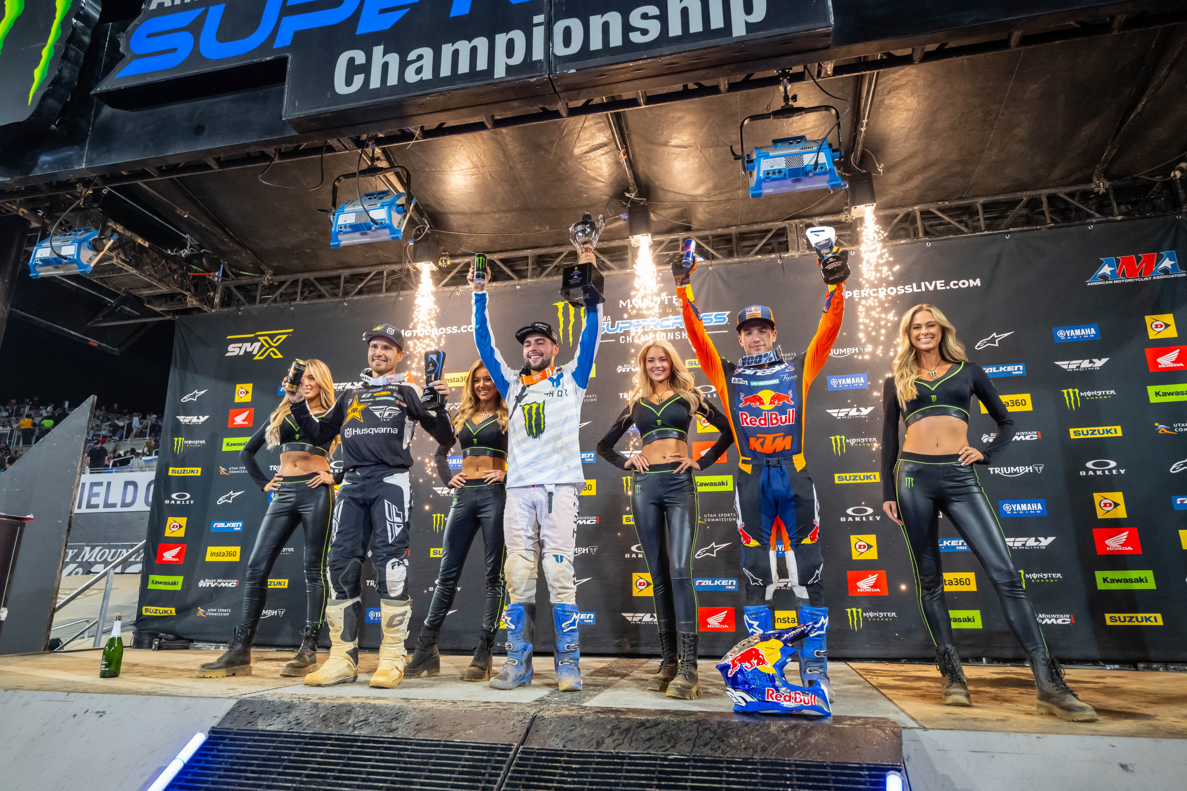 250SX Class podium (riders left to right) RJ Hampshire, Nate Thrasher, and Tom Vialle.