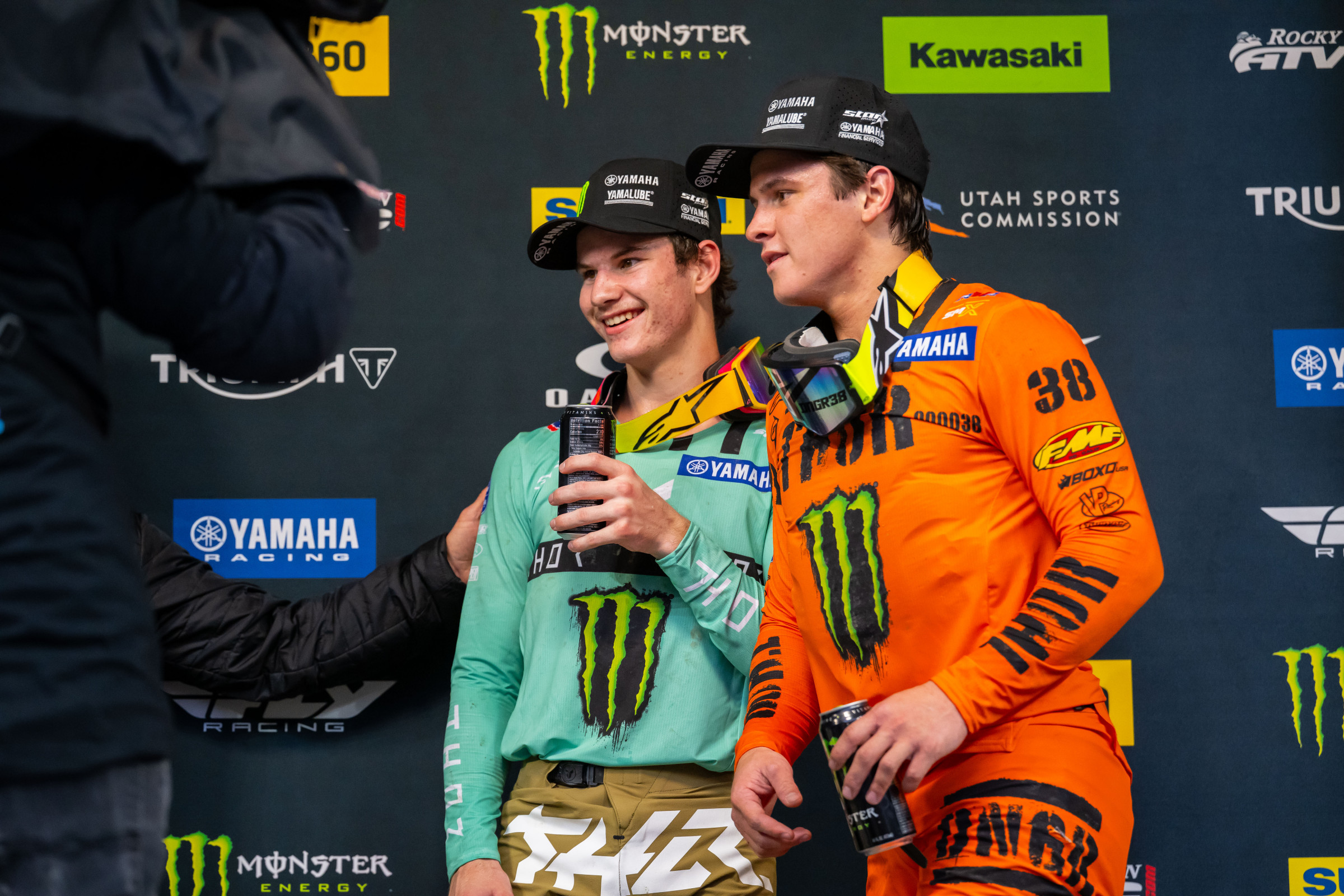 The Star Racing duo of Cole Davies and Haiden Deegan on the Seattle podium.