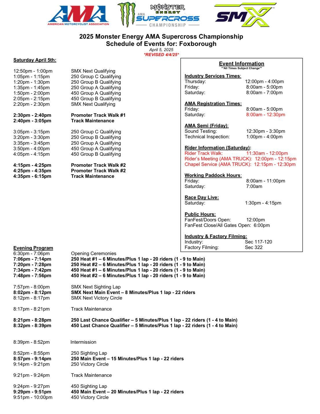 Revised Foxborough SX schedule: A later start time for track walk and no free practice sessions.
