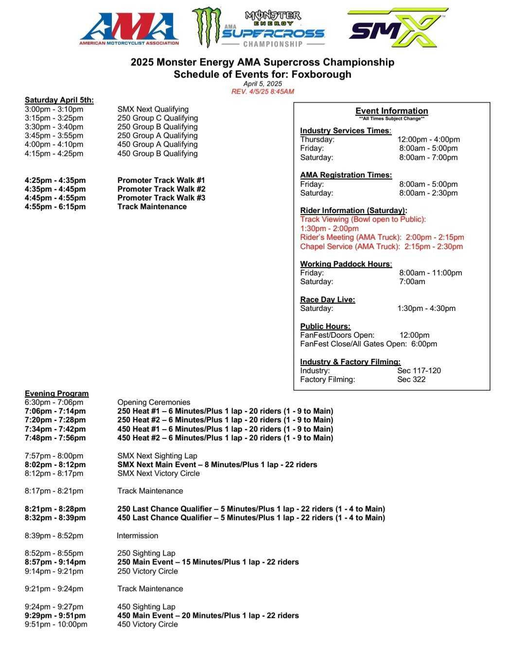 Second REVISED 2025 Foxborough Supercross Race Day Schedule