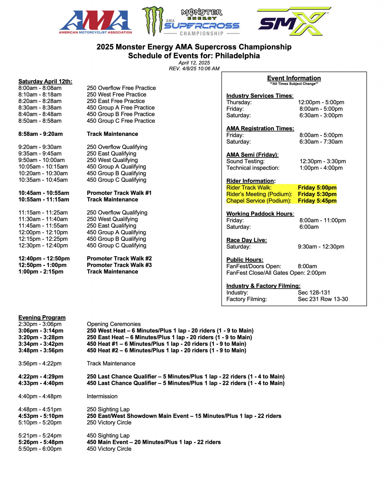 Philadelphia SX schedule
