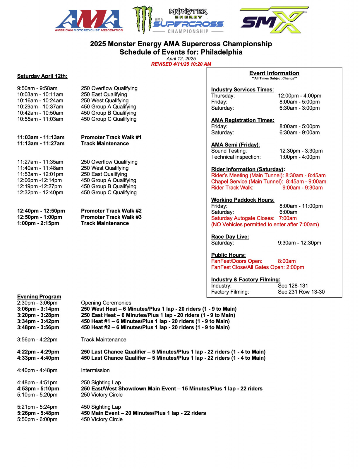 Revised Philadelphia SX schedule: Track walk moved from Friday evening to Saturday morning and no free practice.