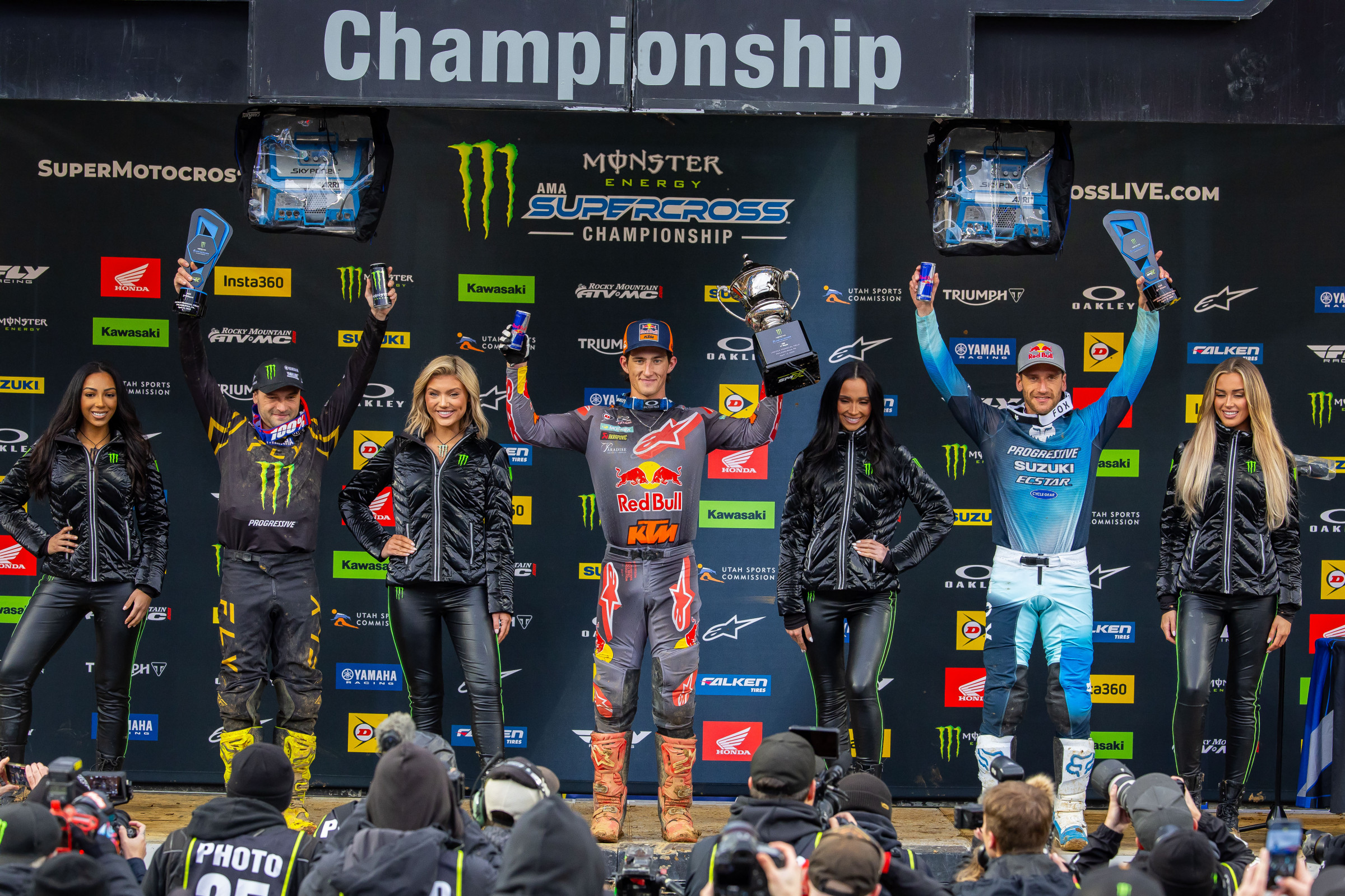 450SX Class podium (riders left to right) Cooper Webb, Chase Sexton, and Ken Roczen.