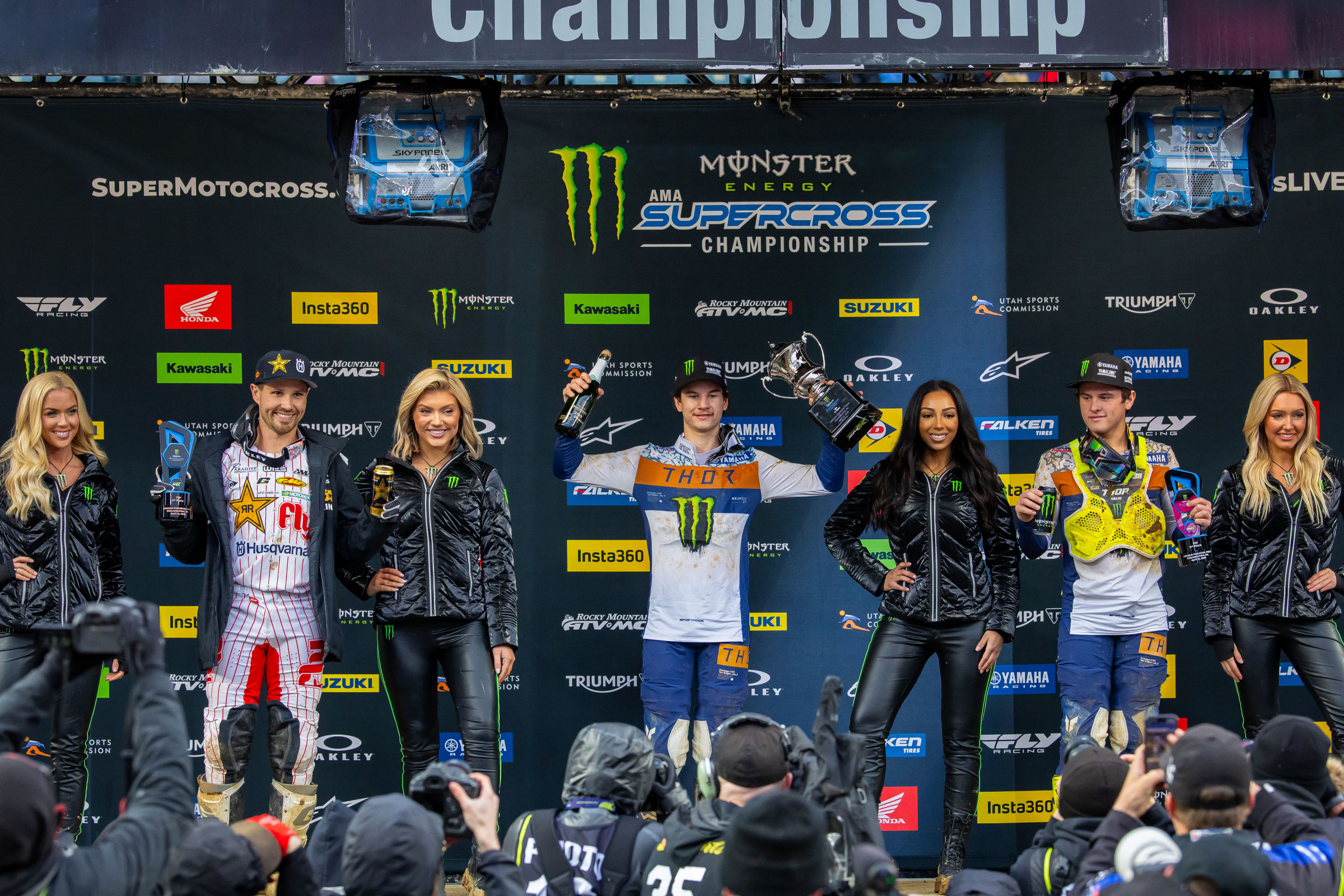 250SX Class podium (riders left to right) RJ Hampshire, Cole Davies, and Haiden Deegan.