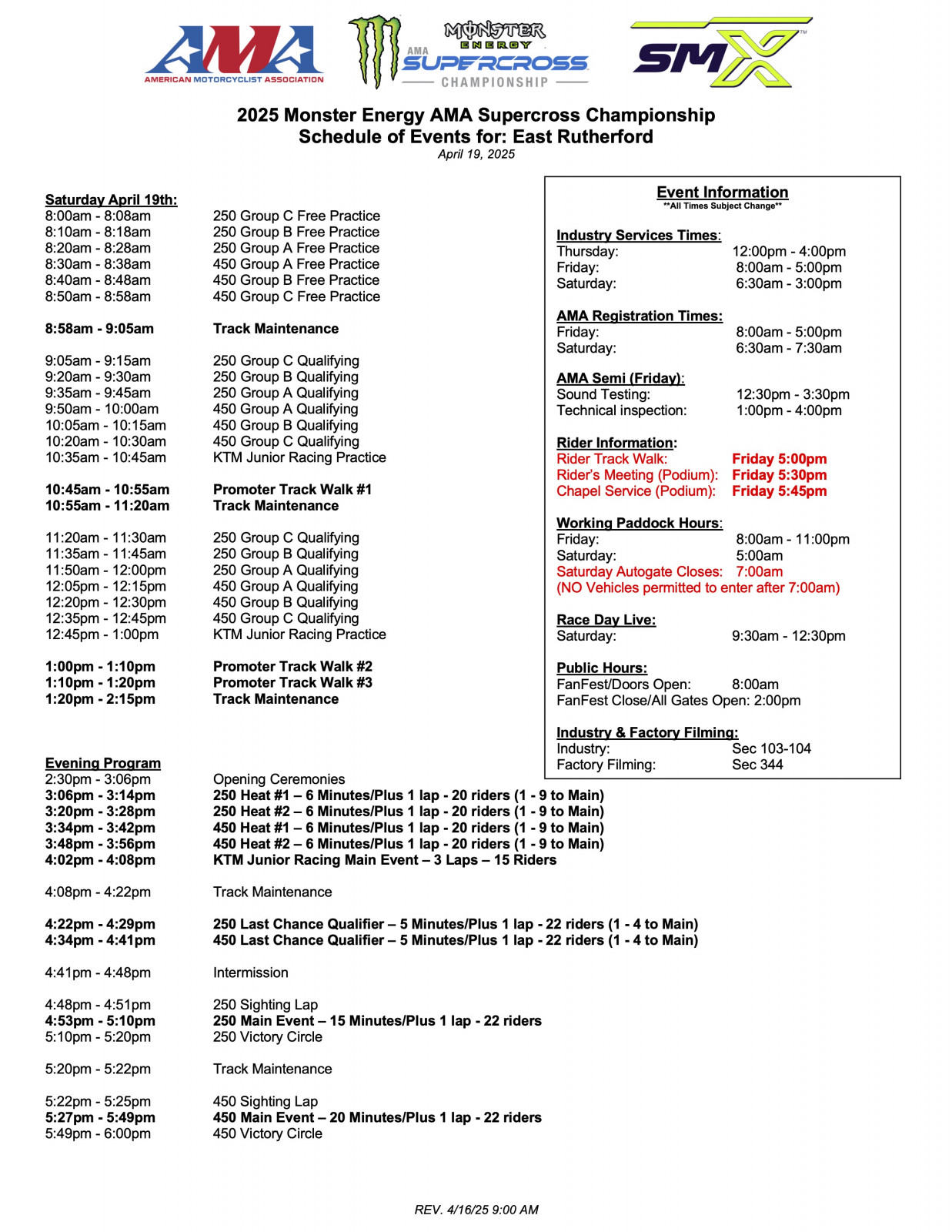 East Rutherford SX schedule