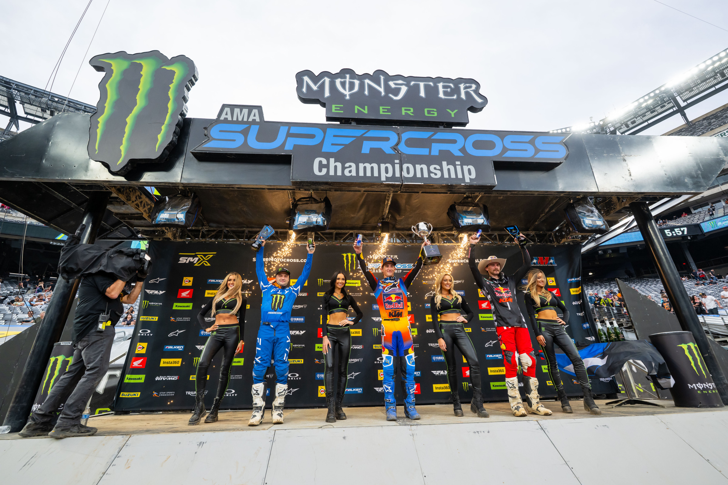 450SX Class podium (riders left to right) Cooper Webb, Chase Sexton, and Aaron Plessinger.