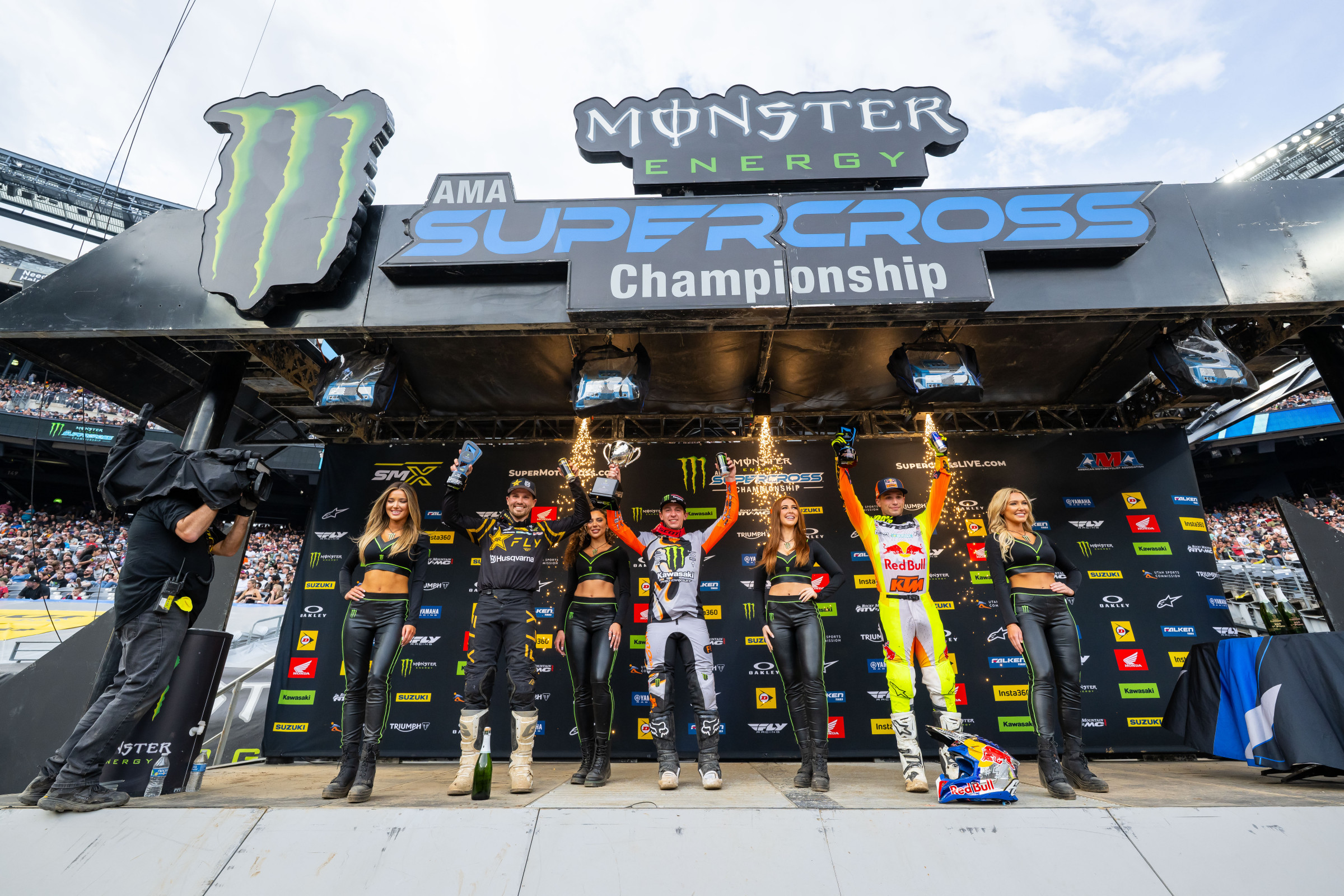 250SX Class podium (riders left to right) RJ Hampshire, Seth Hammaker, and Tom Vialle.