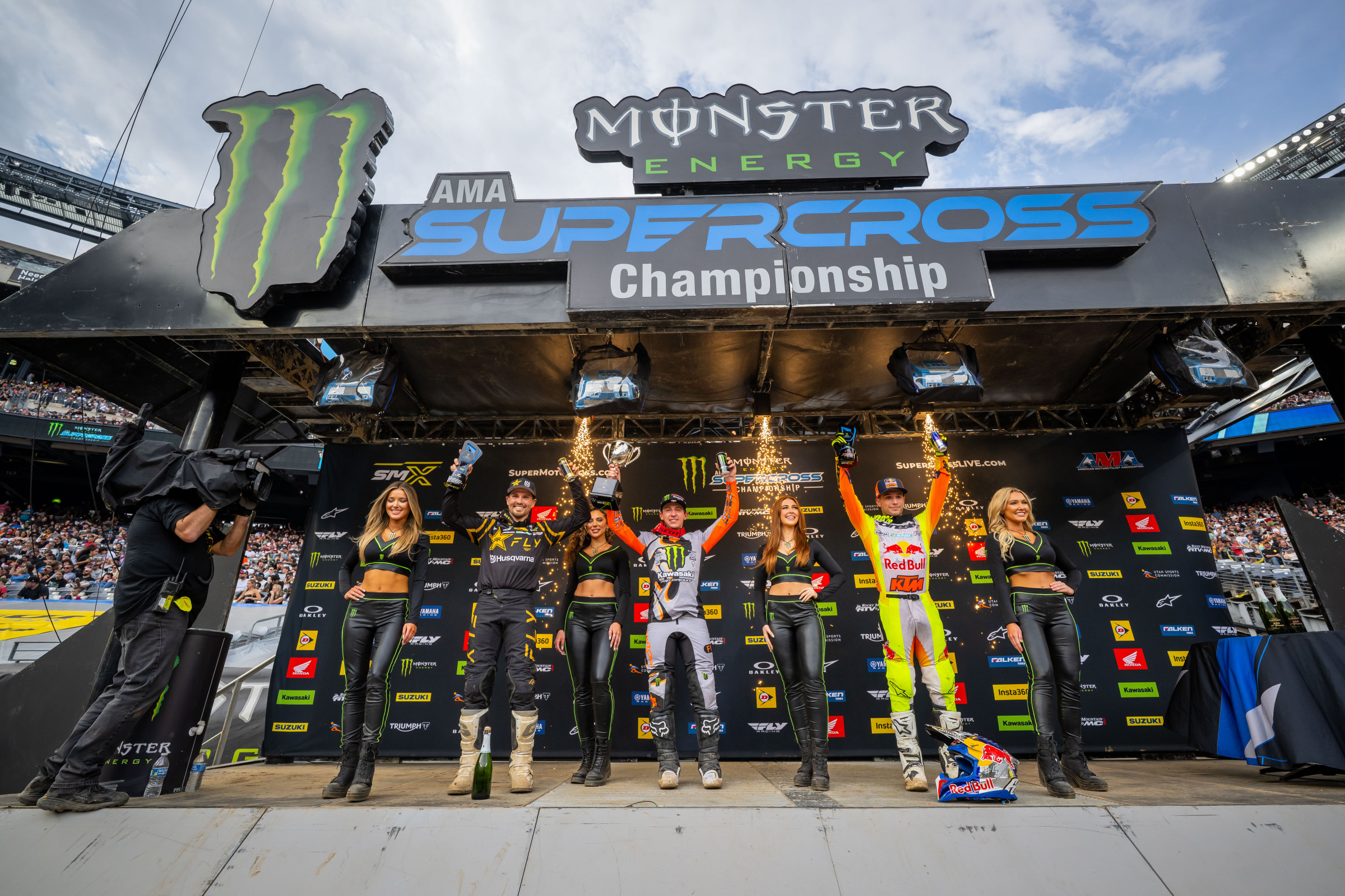 250SX Class podium (riders left to right): RJ Hampshire, Seth Hammaker, and Tom Vialle.