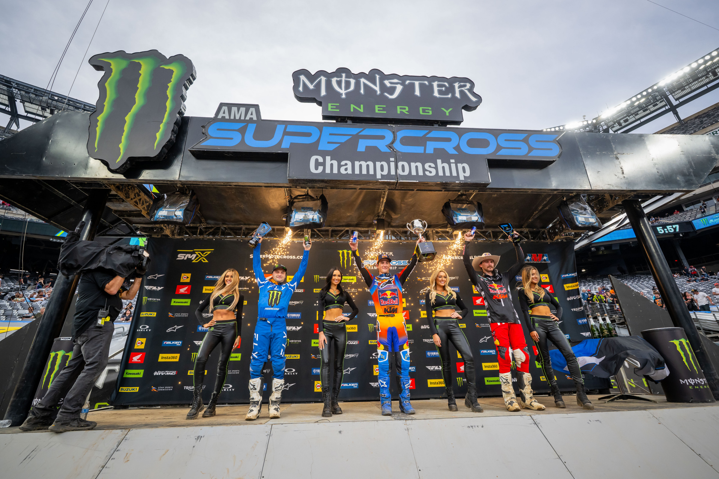 450SX Class podium (riders left to right): Cooper Webb, Chase Sexton, and Aaron Plessinger.