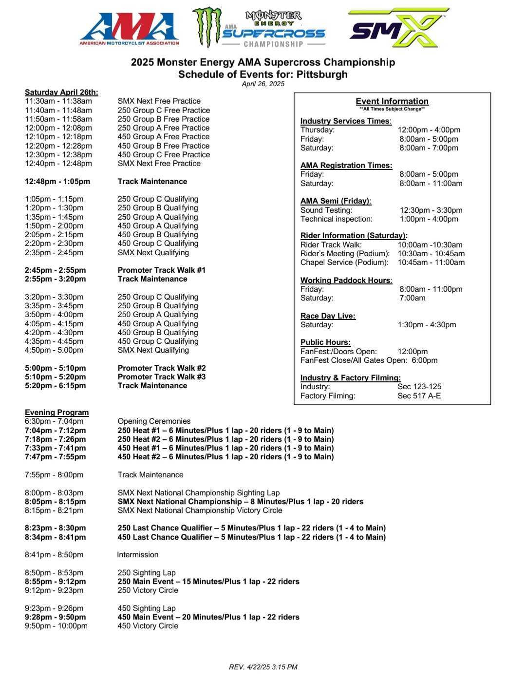 Pittsburgh SX race day schedule.