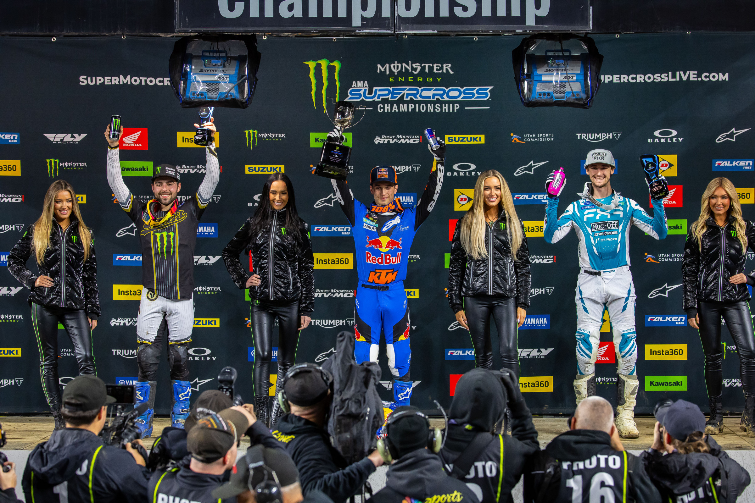 250SX Class podium (riders left to right) Nate Thrasher, Tom Vialle, and Maximus Vohland.