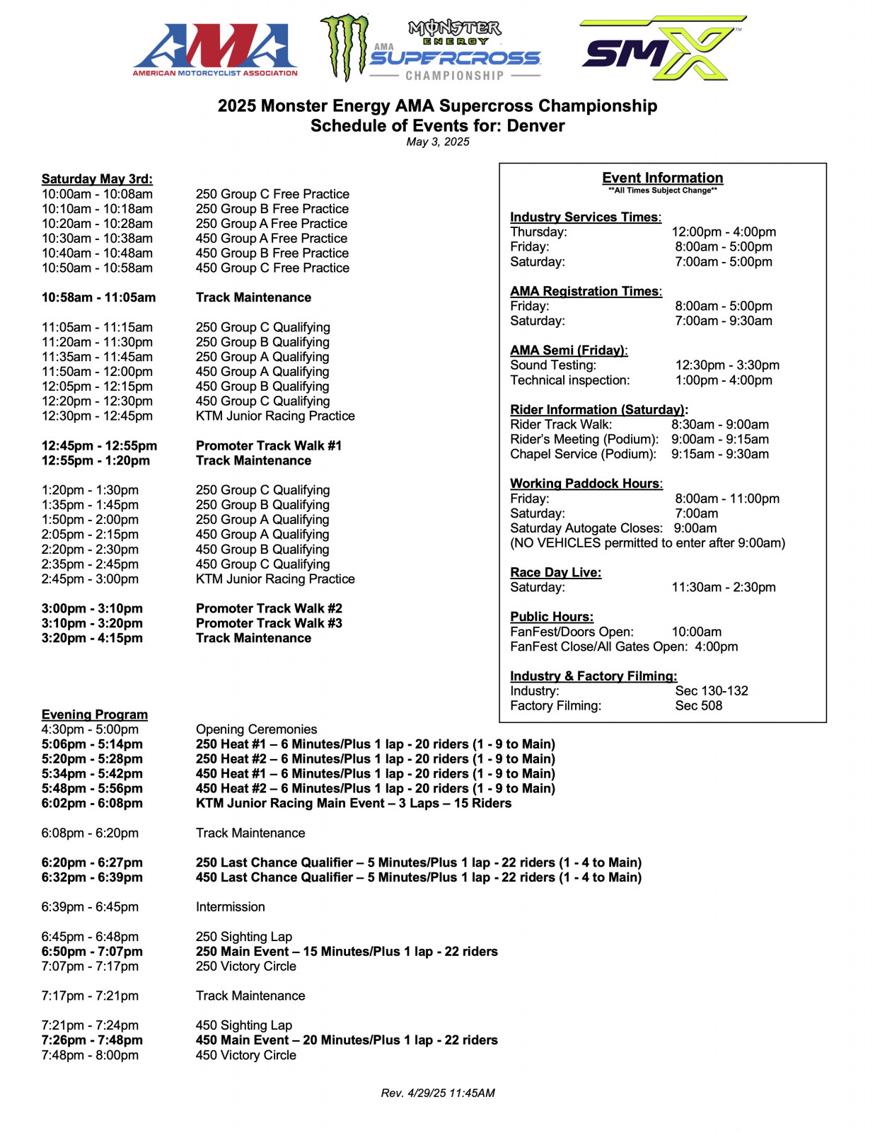 Denver SX schedule