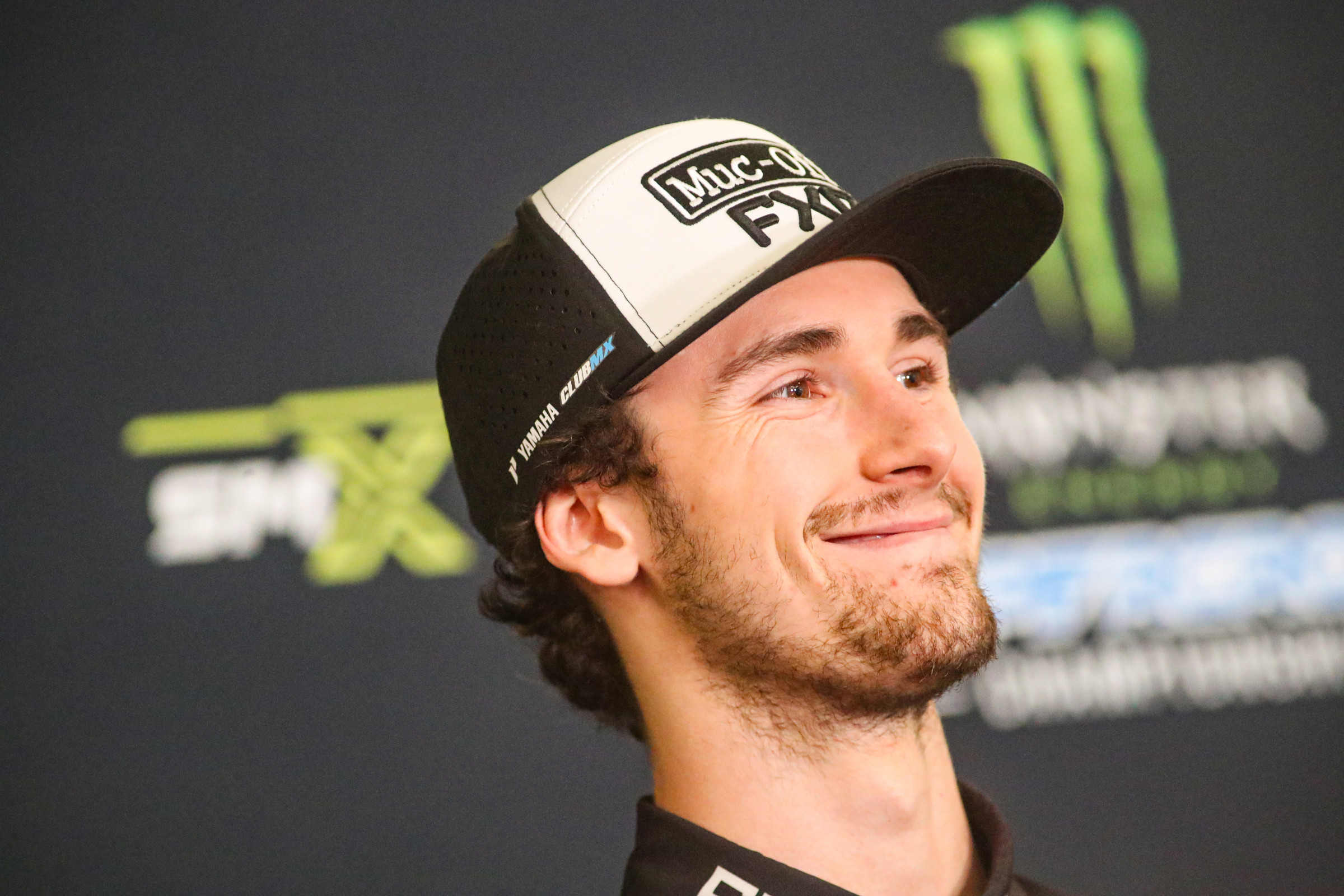 Maximus Vohland smiles during the post-race press conference after his first career podium at the Pittsburgh SX round of Monster Energy AMA Supercross.