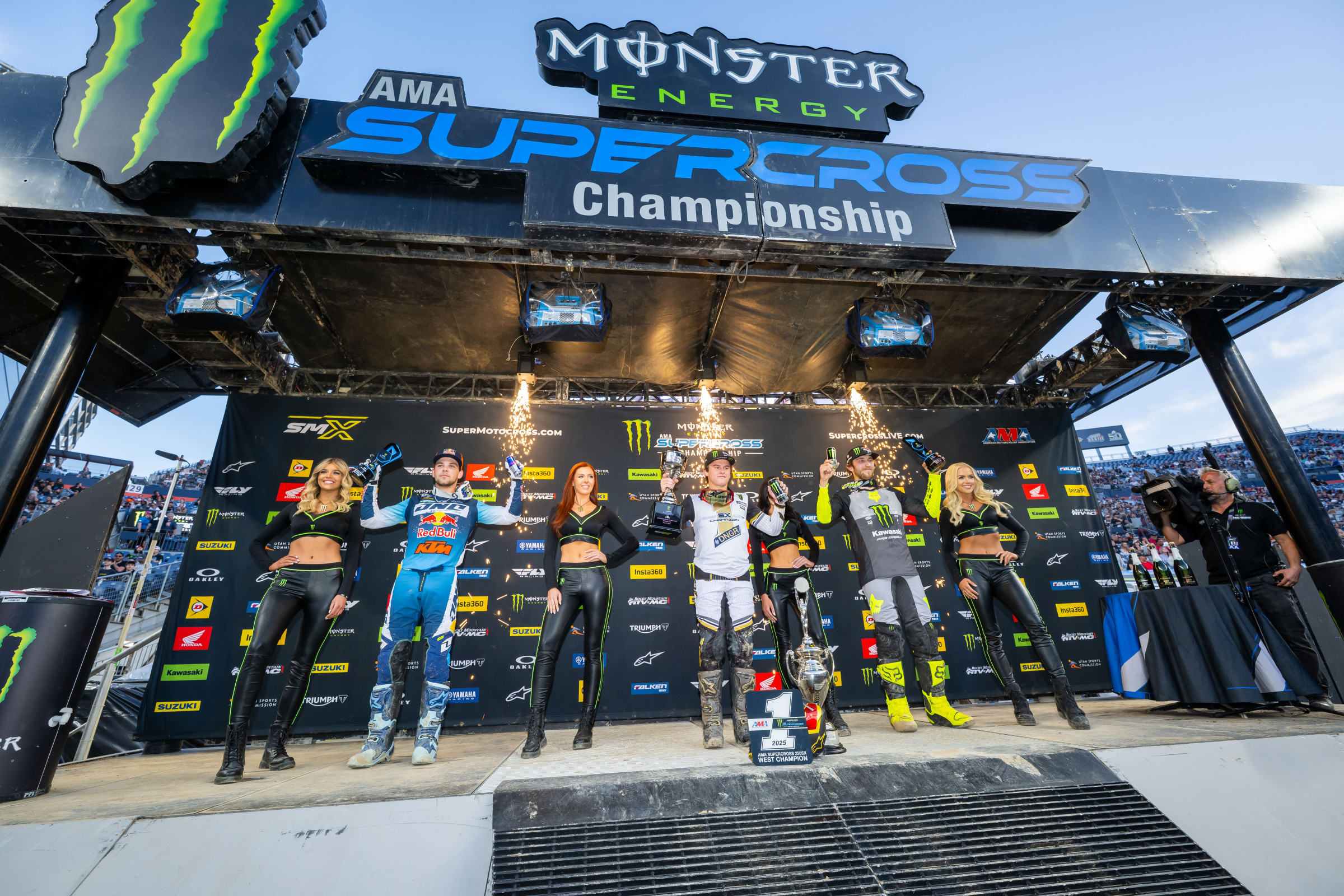 250SX Class podium (riders left to right): Julien Beaumer, Haiden Deegan, and Garrett Marchbanks.