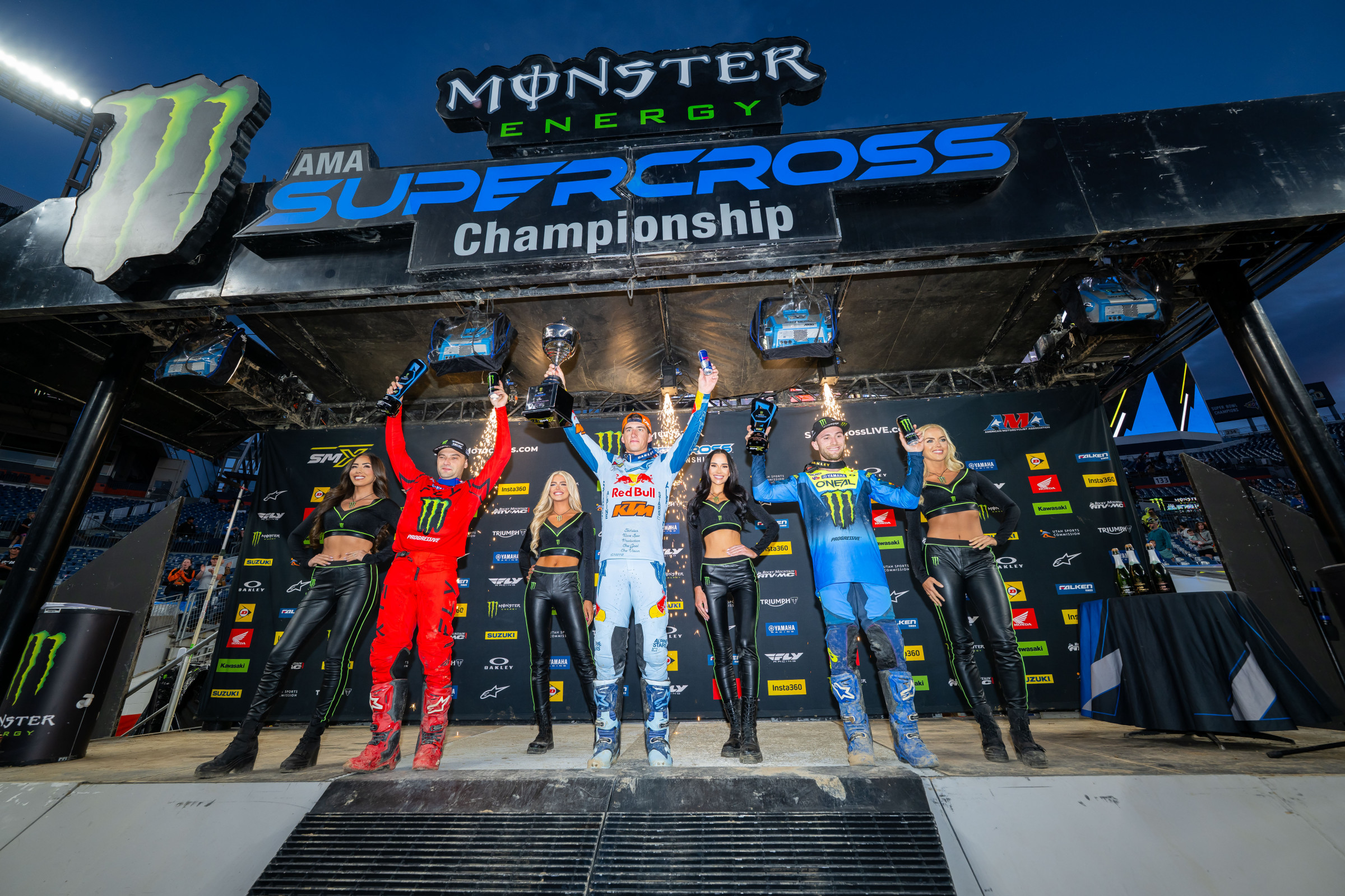 450SX Class podium (riders left to right): Cooper Webb, Chase Sexton, and Justin Cooper.