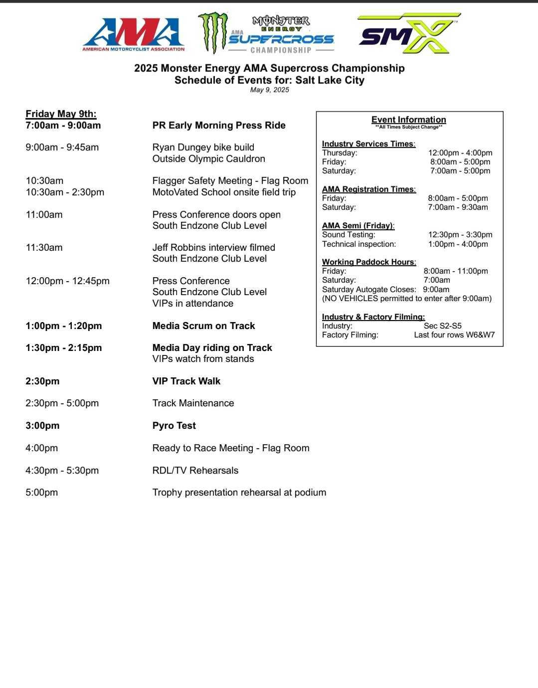 Salt Lake City Supercross Friday press day schedule.