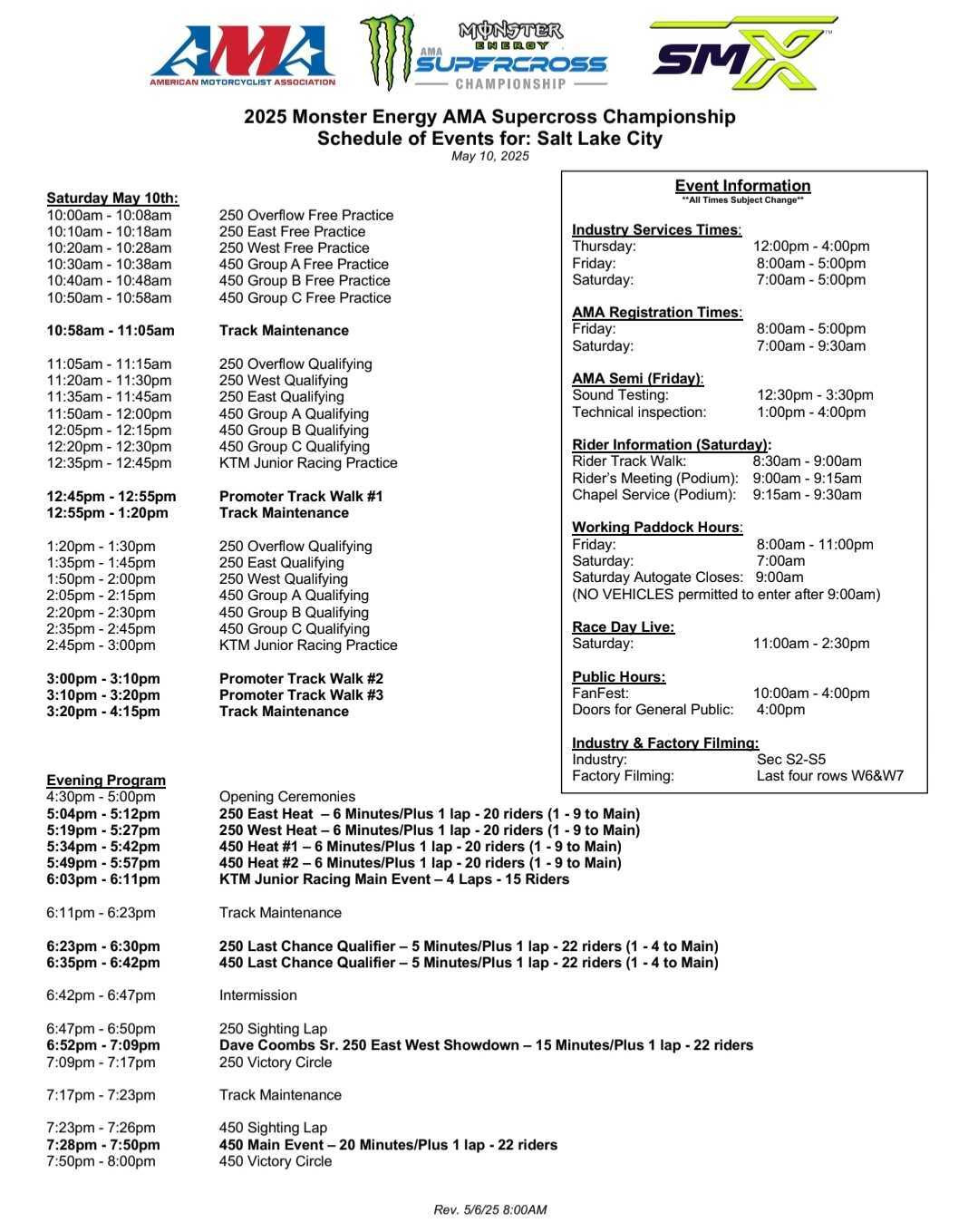 Salt Lake City Supercross race day schedule.