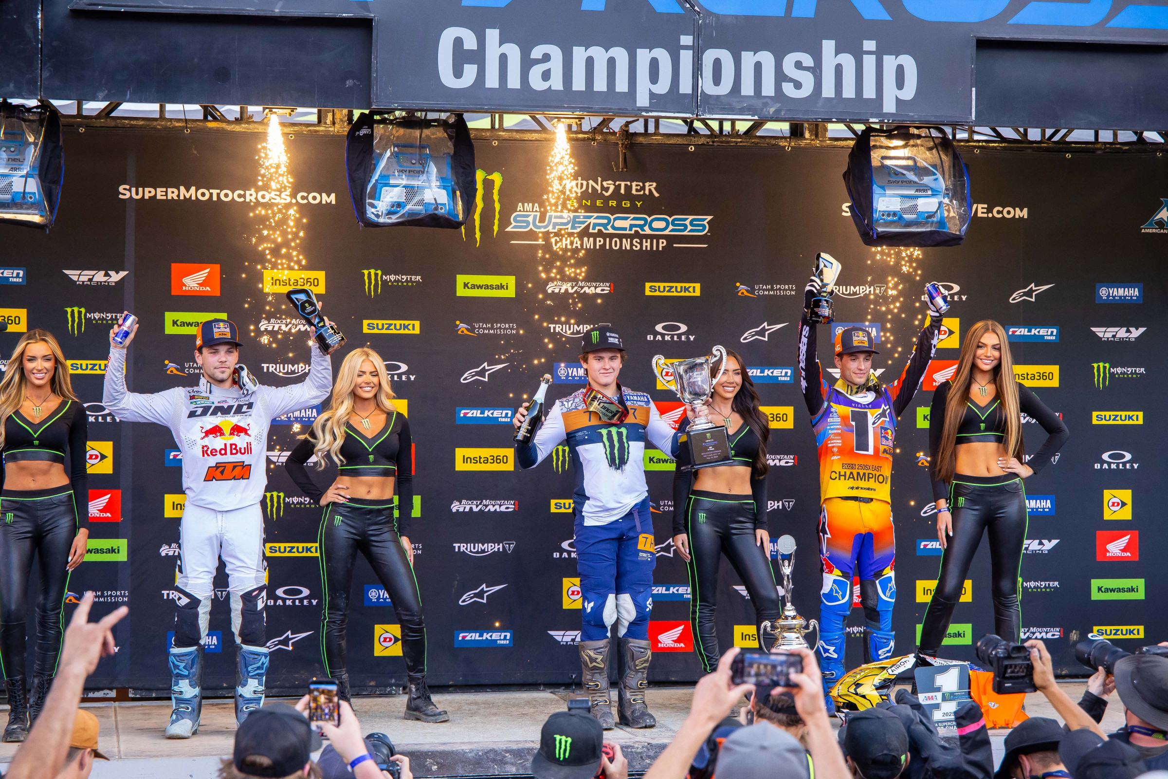250SX Class podium (riders left to right): Julien Beaumer, Haiden Deegan, and Tom Vialle.