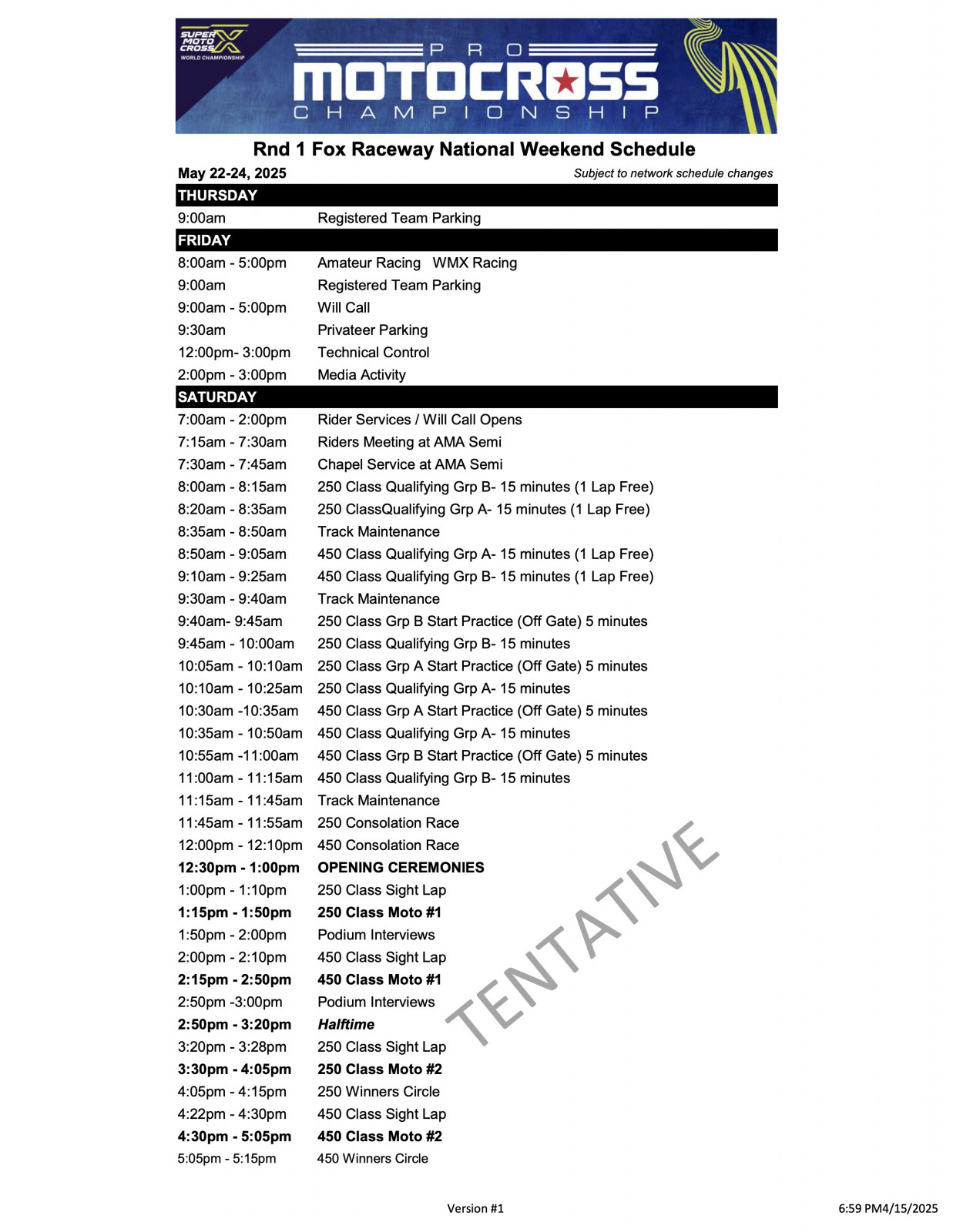 2025 Fox Raceway National Weekend Schedule