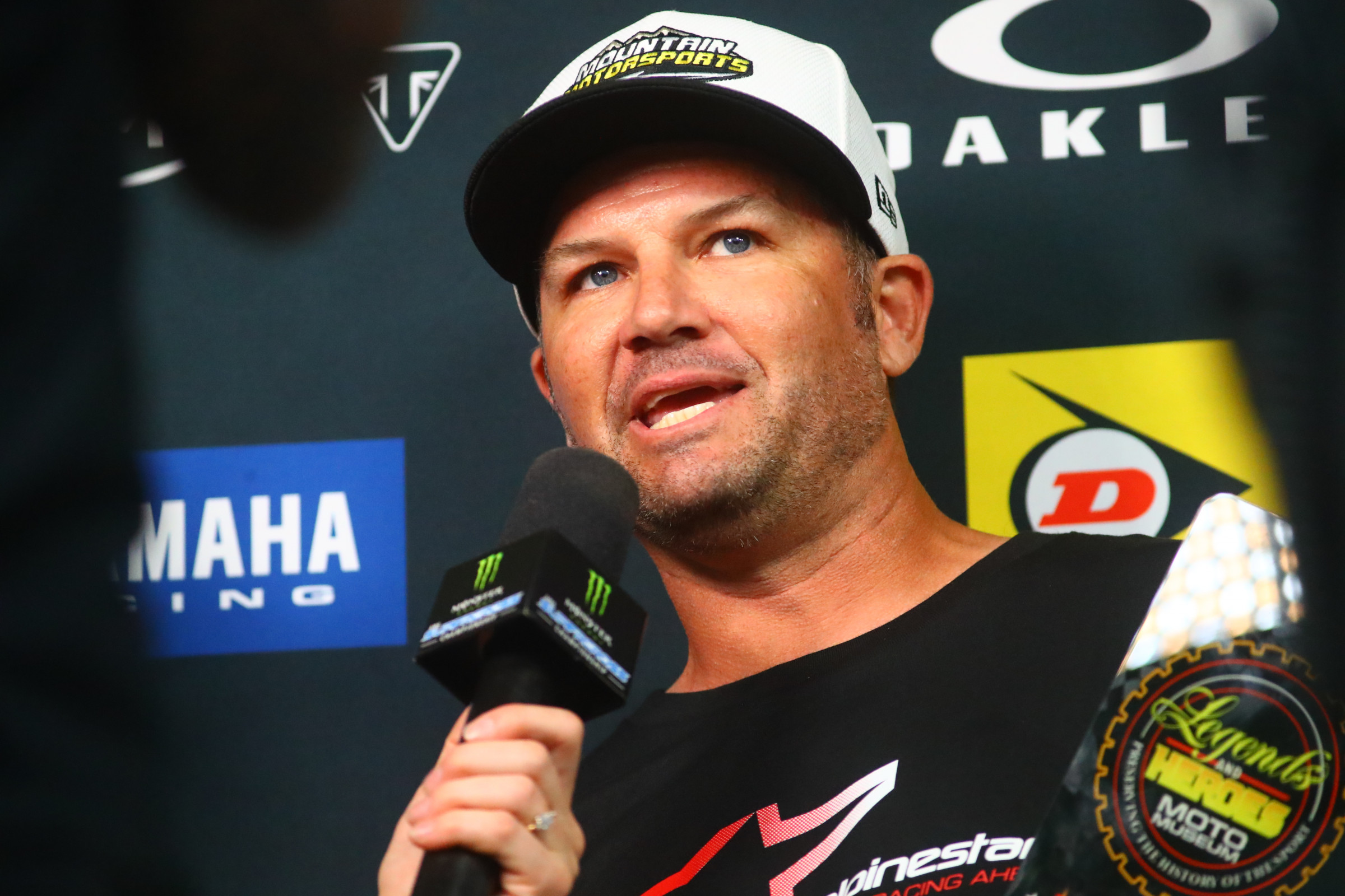Chad Reed being interviewed with The Legends & Heroes of Motocross Tour at the 2025 Tampa SX.