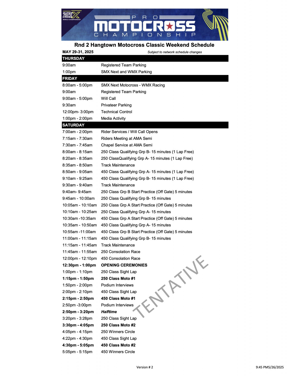 2025 Hangtown Motocross Classic Weekend Schedule