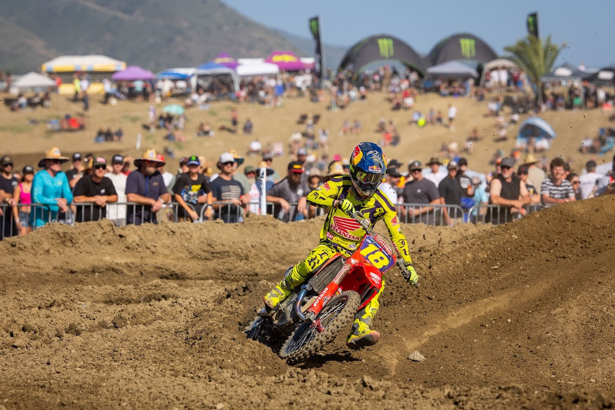 Team Honda HRC Progressive's Jett Lawrence sits atop the 450 Class after a 1-1 performance at the opening race in Southern California.