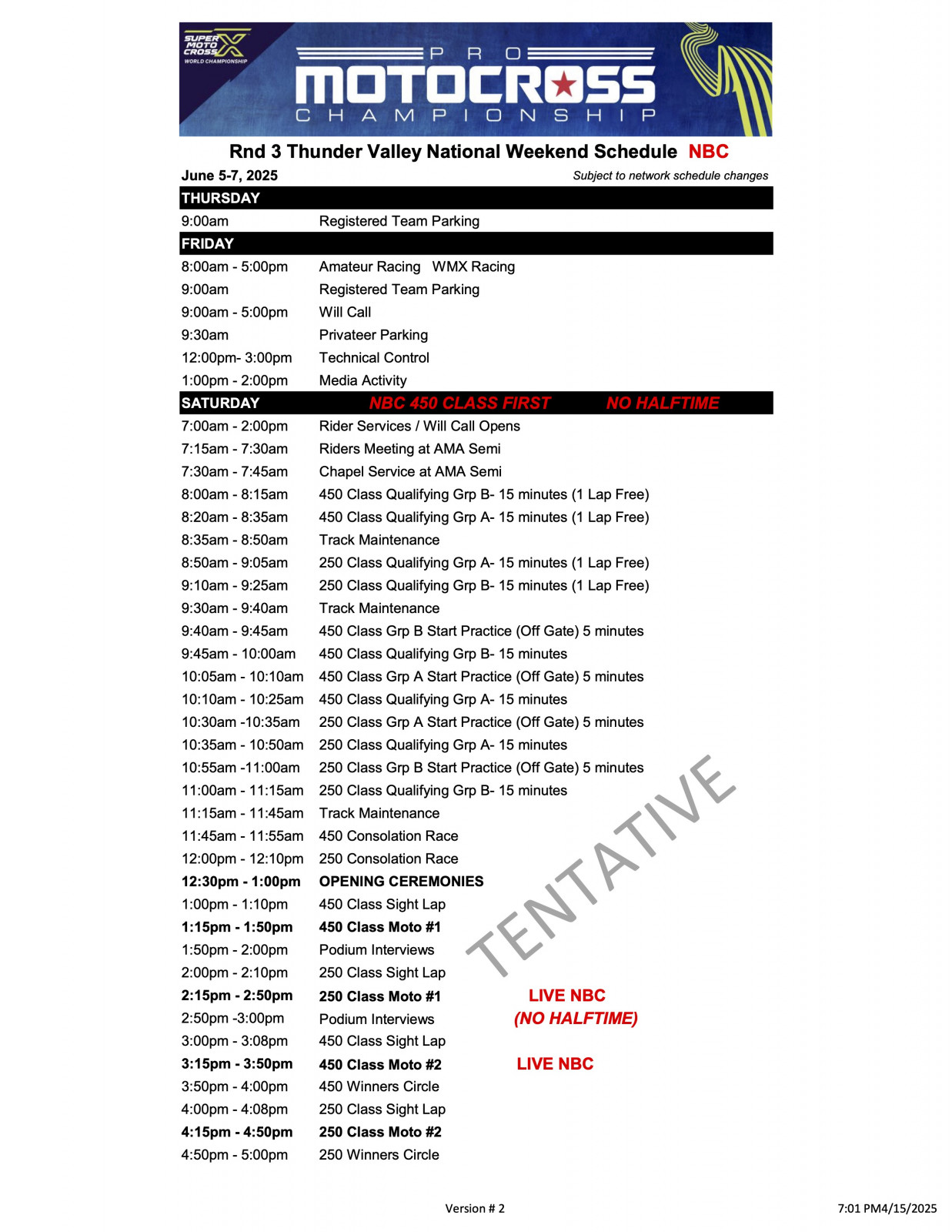 2025 Thunder Valley National Weekend Schedule