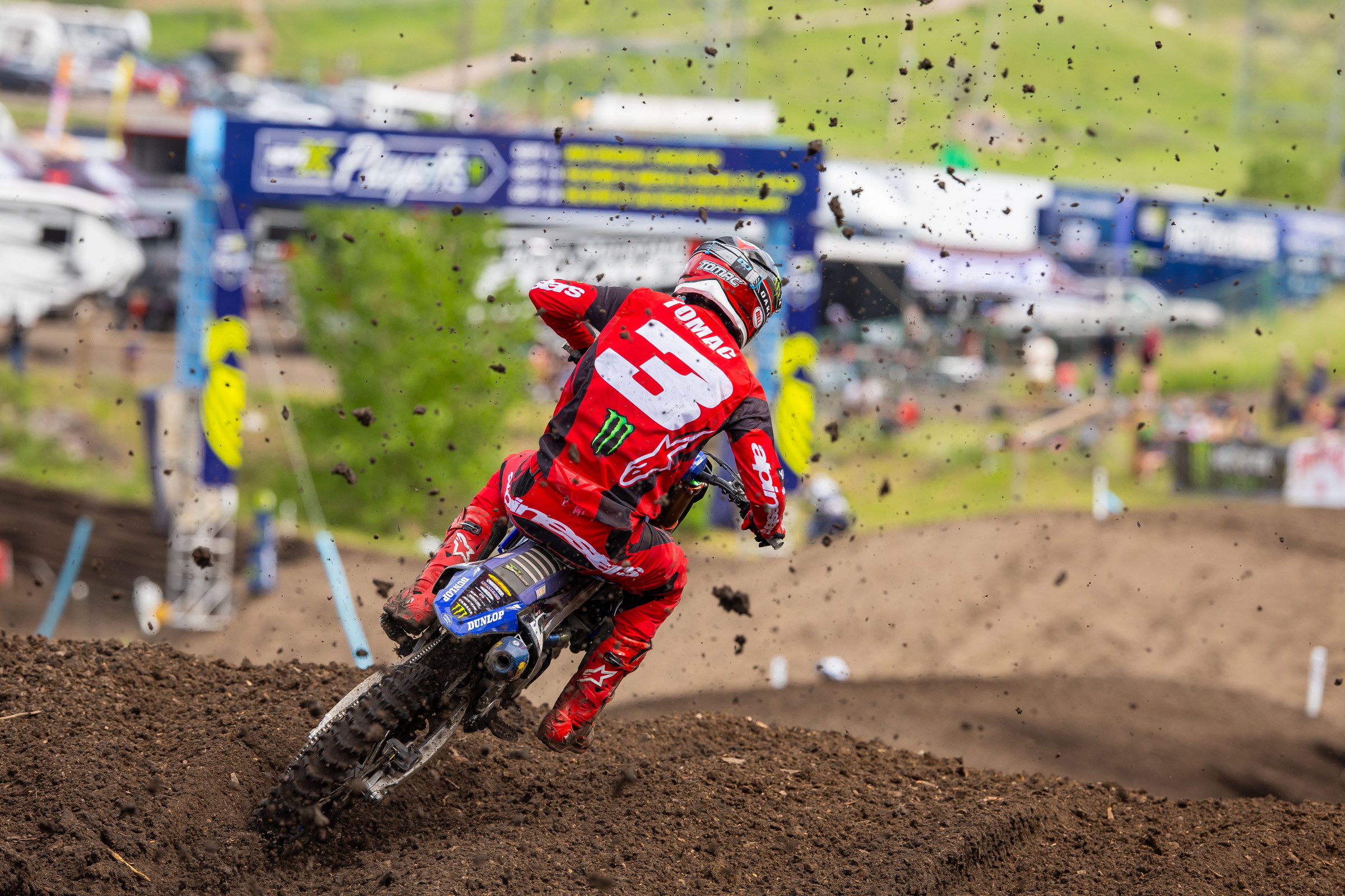 Tomac finally got to Jett Lawrence's rear wheel in the second moto but couldn't find a way around, then he tipped over late while trying to set up another charge.