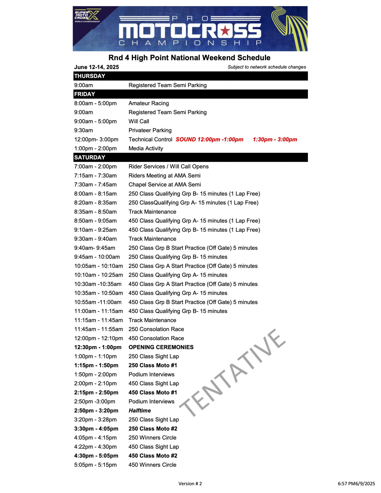 2025 High Point Weekend Schedule