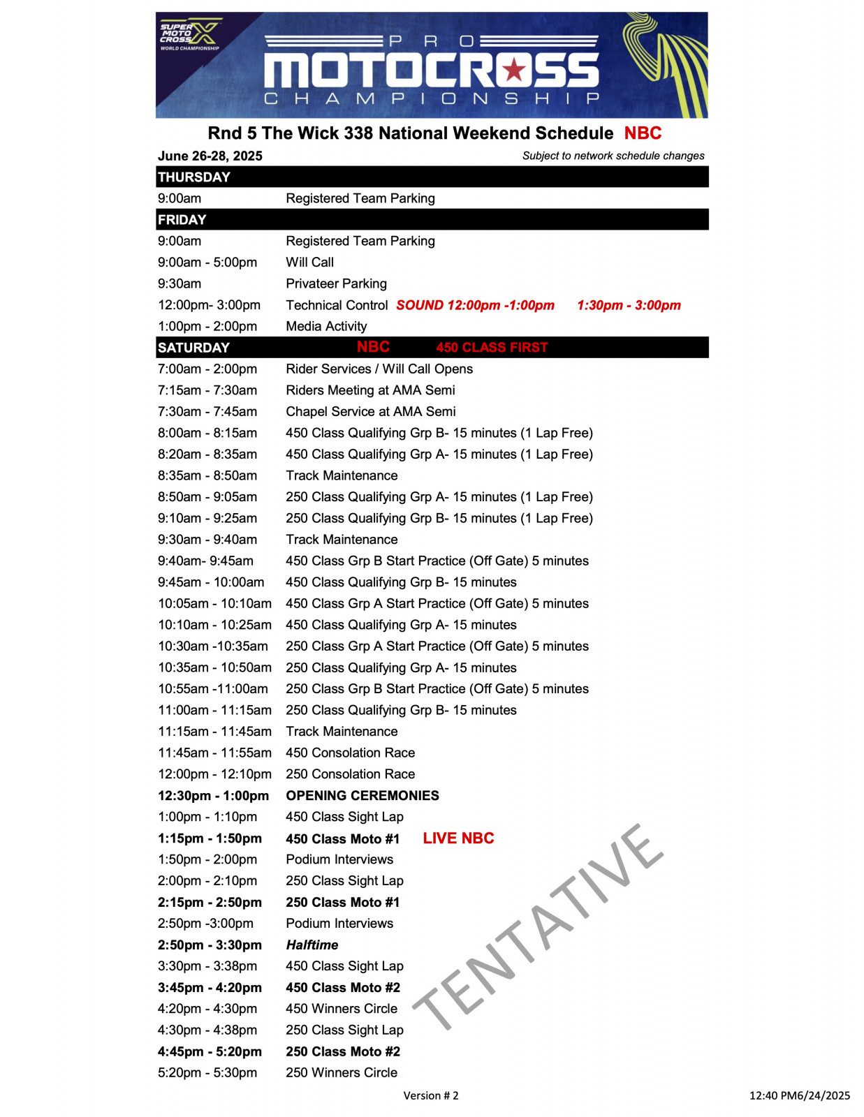 2025 Southwick National Weekend Schedule