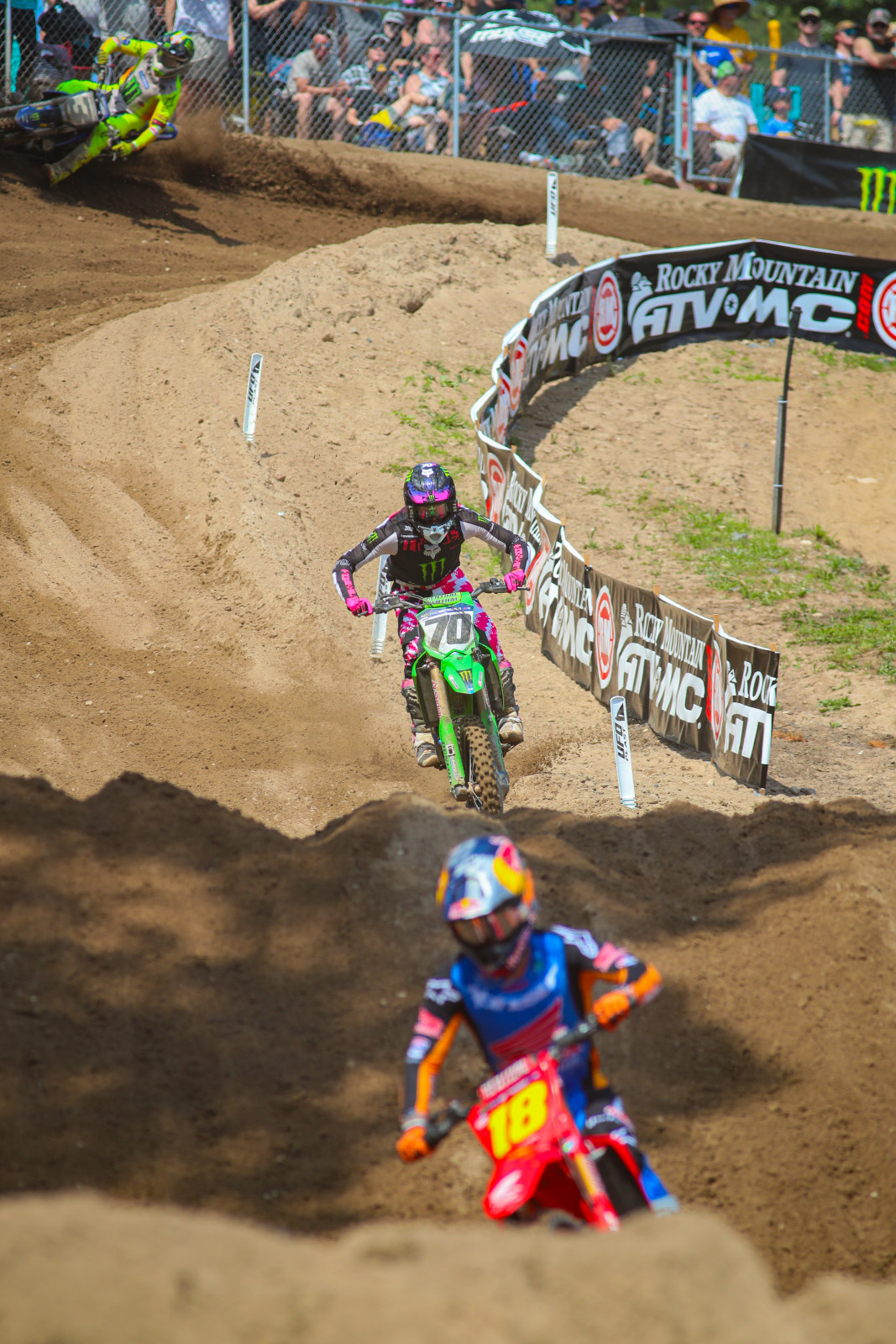 Jett Lawrence, Jorge Prado, and Eli Tomac in moto two.