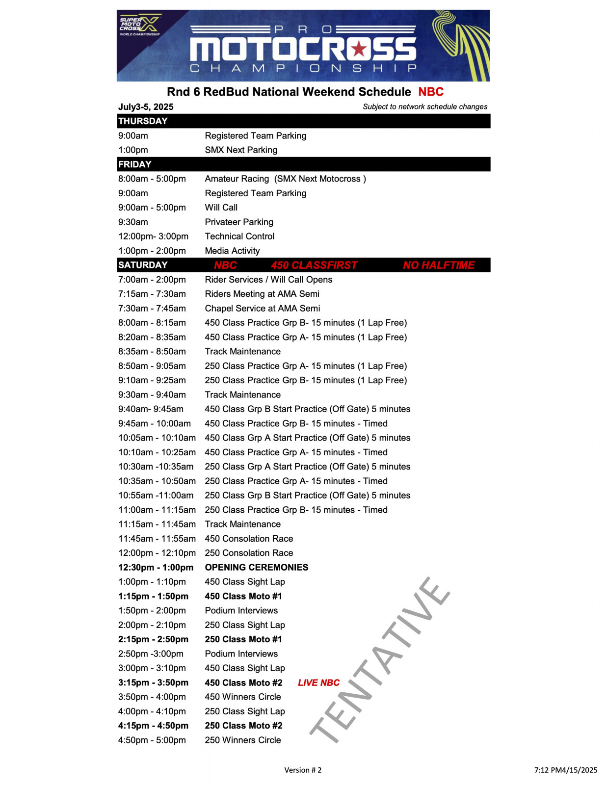 2025 RedBud National Weekend Schedule