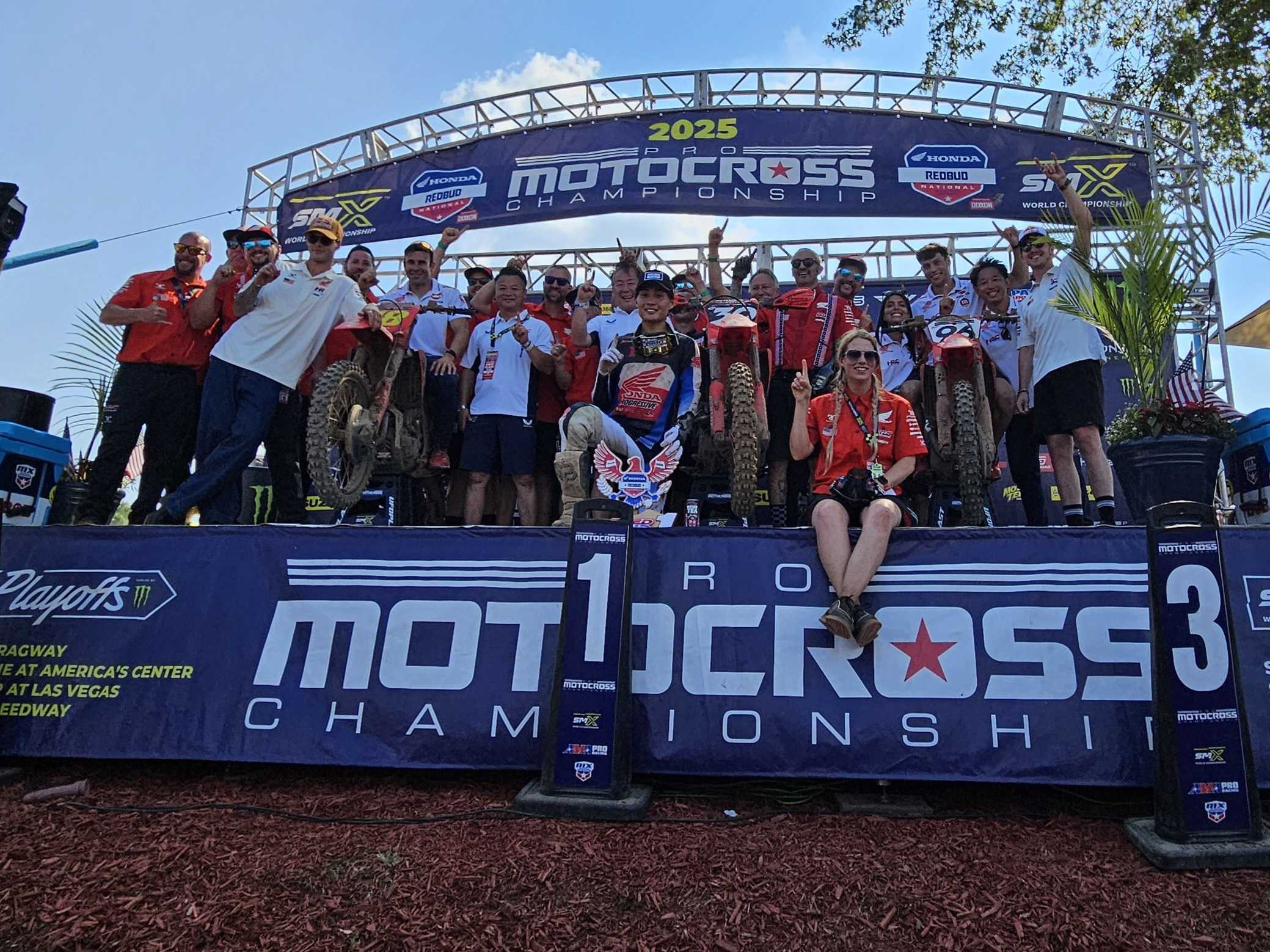 The Honda HRC Progressive team celebrates the 1-2 day by the Lawrence brothers and a 1-1 day from Jo Shimoda, at the Honda RedBud National.