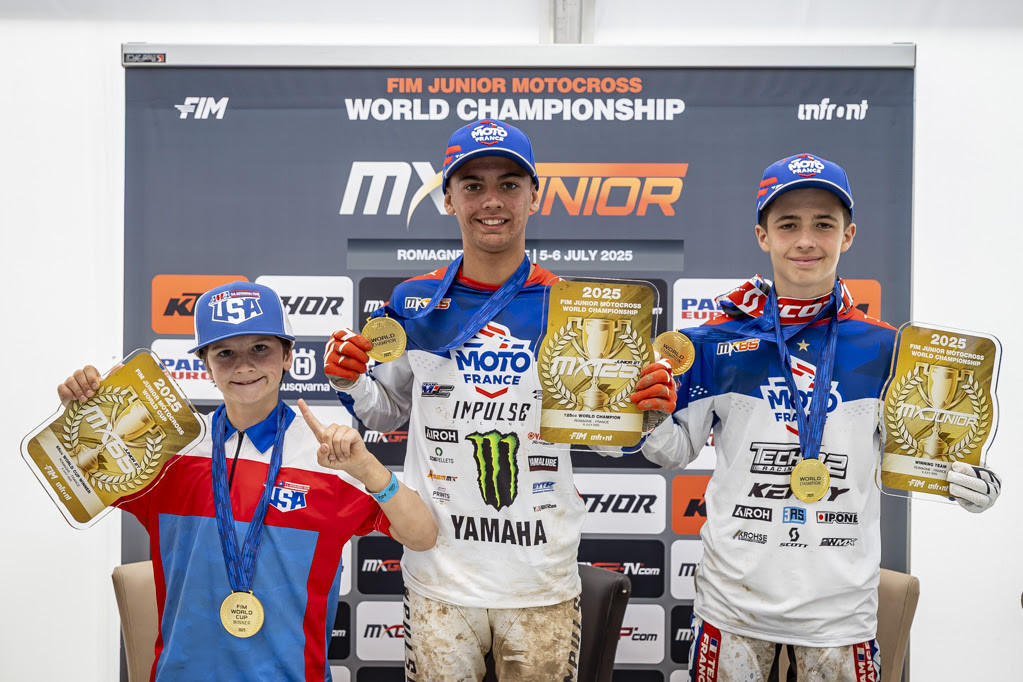 Three individual winners - (left to Right) Kannon Zabojnik (65cc), Mano Faure (125cc), Rafael Mennillo (85cc)
