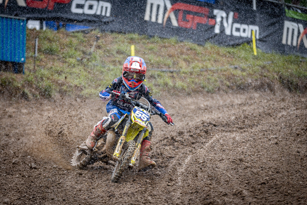 Kannon Zabojnik won the 65cc class for Team USA in a wild moto that had to be red flagged, and then reverted back to results from a previous lap. The second moto started, but was quickly abandoned when riders started going down in the trecherous conditions.