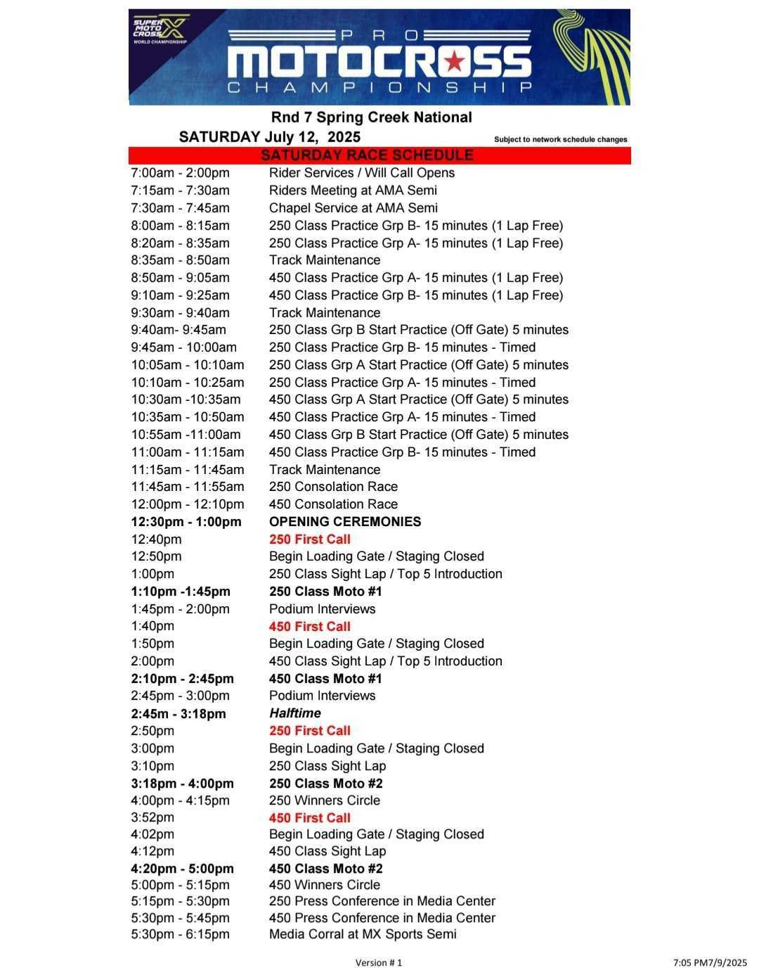 2025 Spring Creek National Weekend Schedule