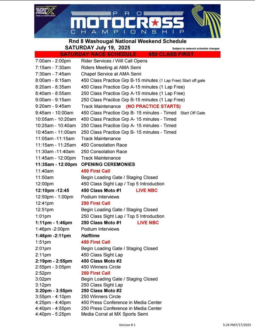 2025 Washougal National Weekend Schedule