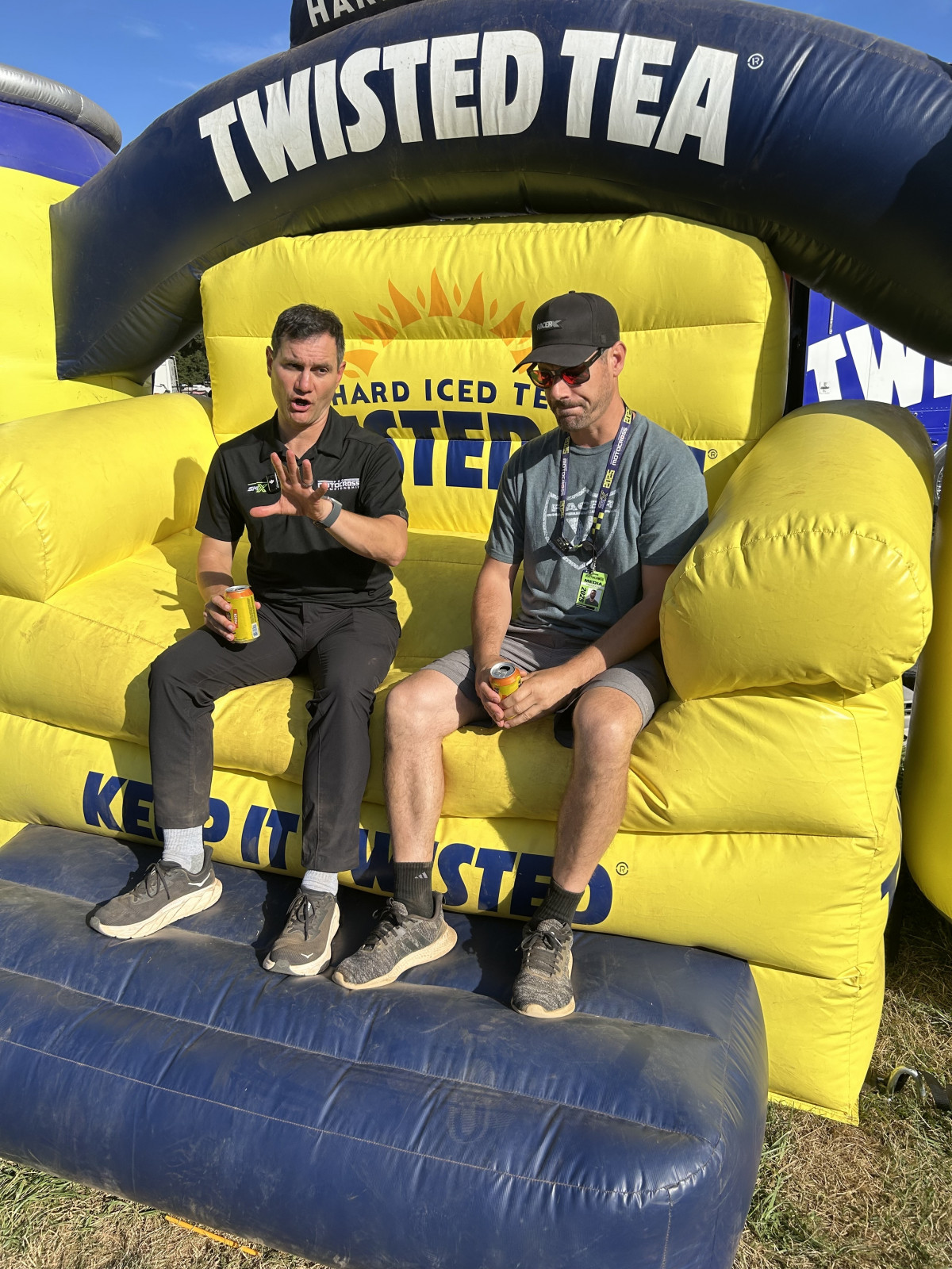 Weege and Hansel the day before, sitting on a big inflatable chair. Yes he had a Twisted Tea.