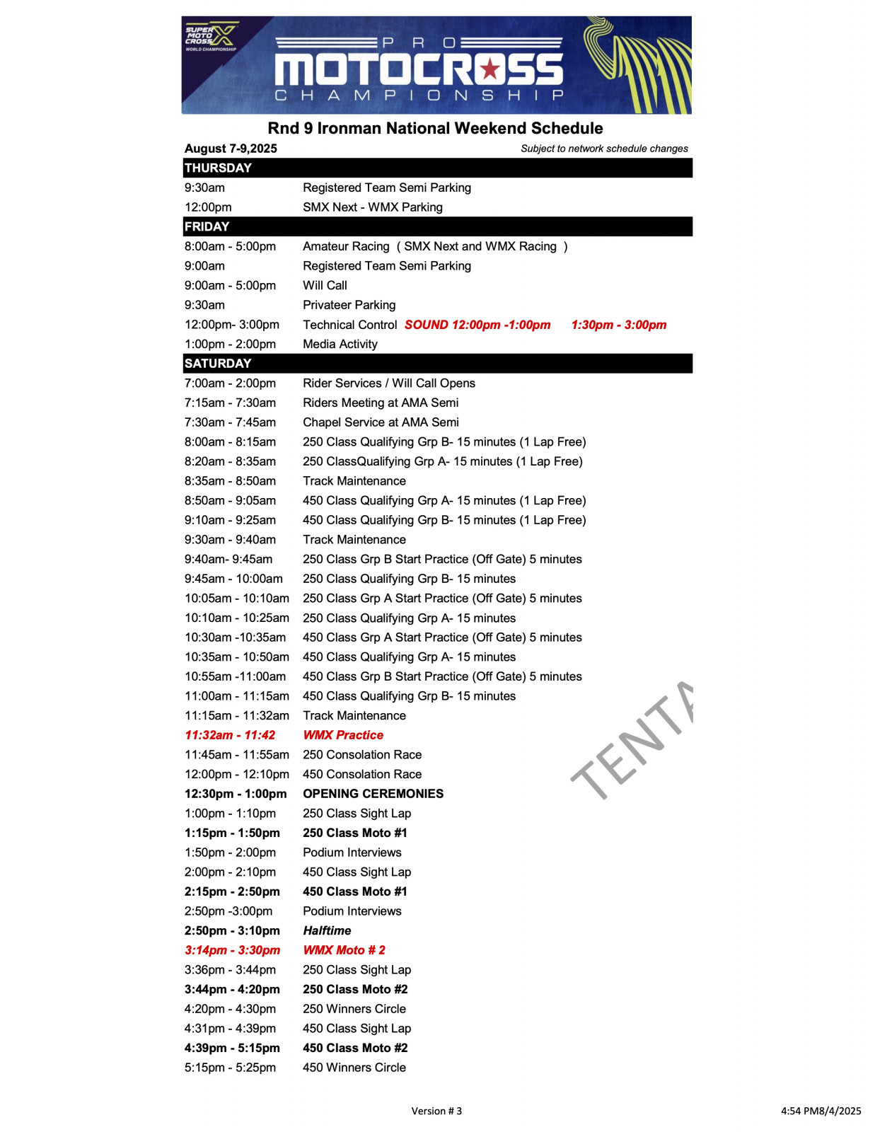 2025 Ironman National tentative Weekend Schedule