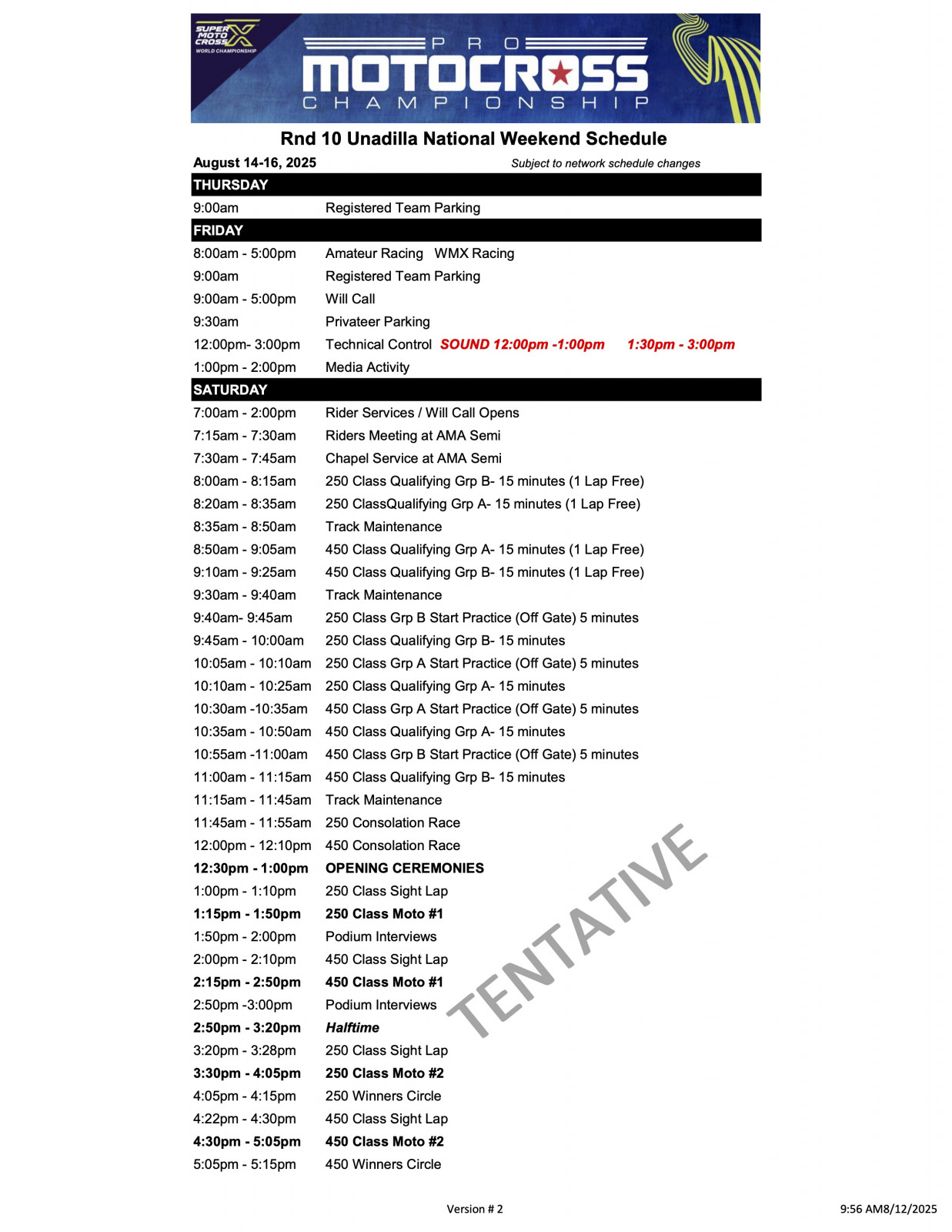 2025 Unadilla National Weekend Schedule
