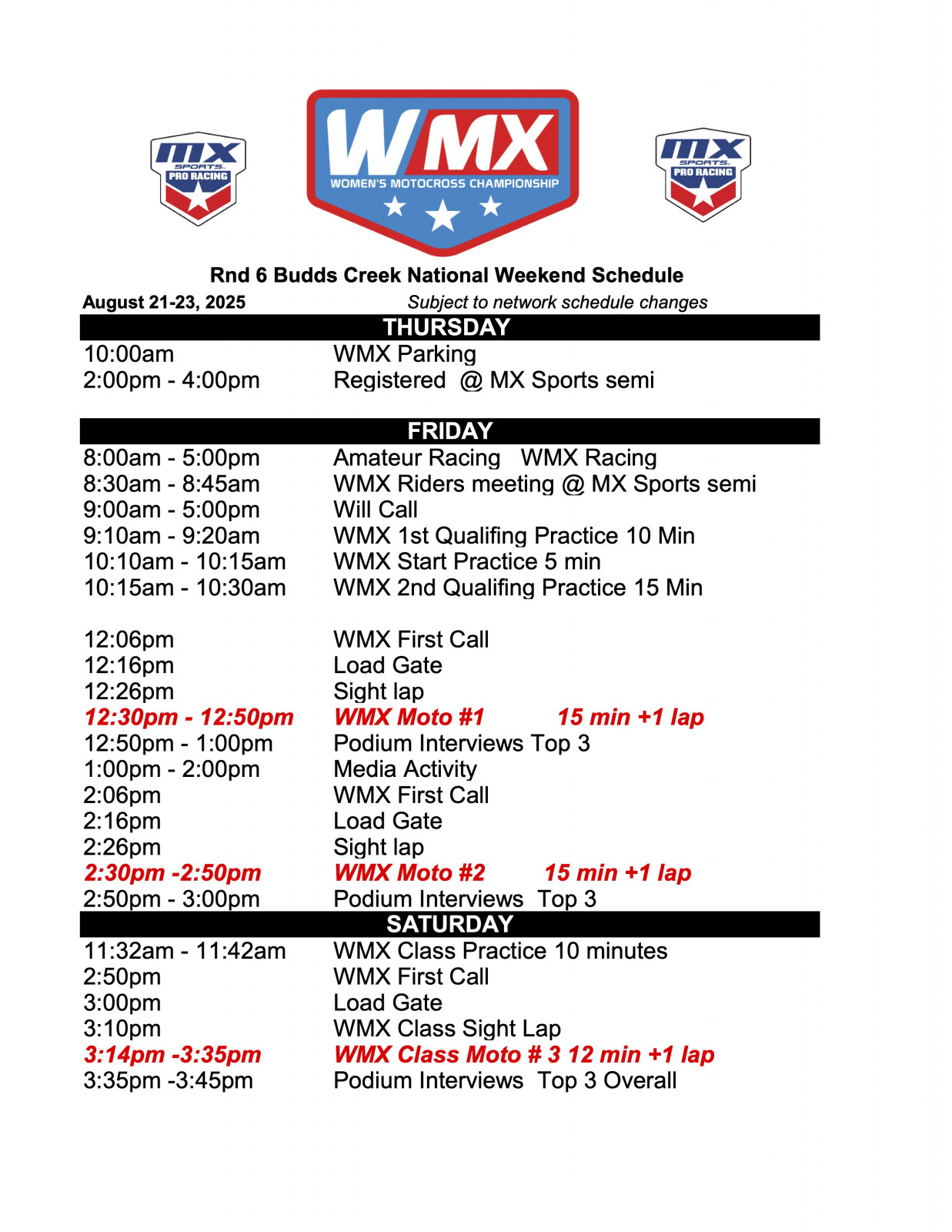 2025 WMX Budds Creek WMX Schedule
